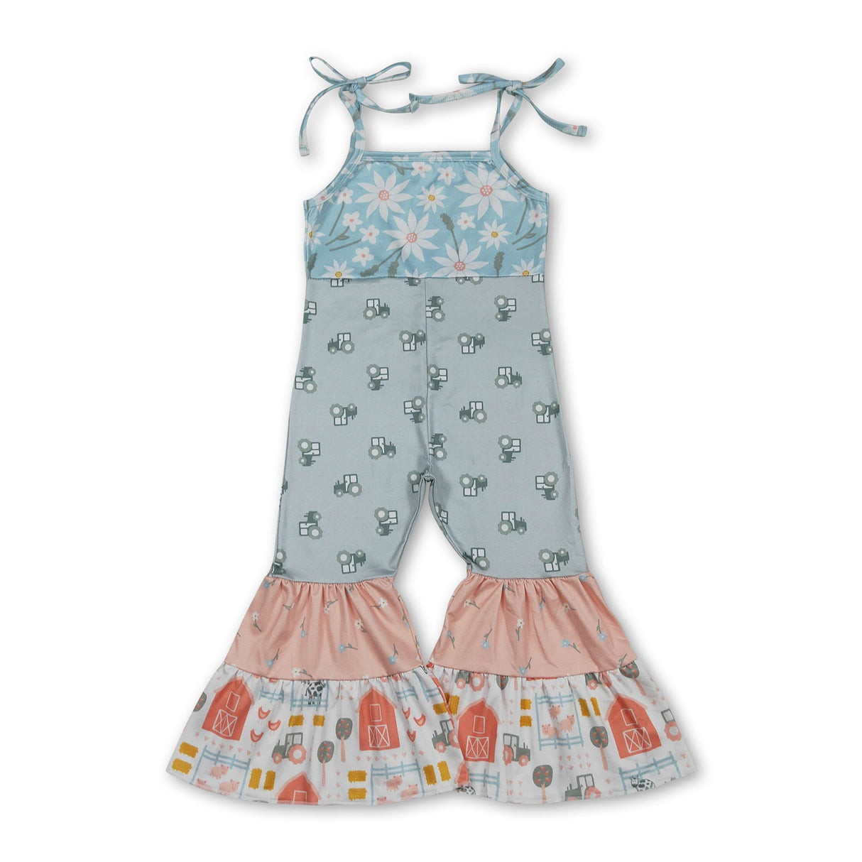 Straps floral tractor patchwork farm kids girls jumpsuit