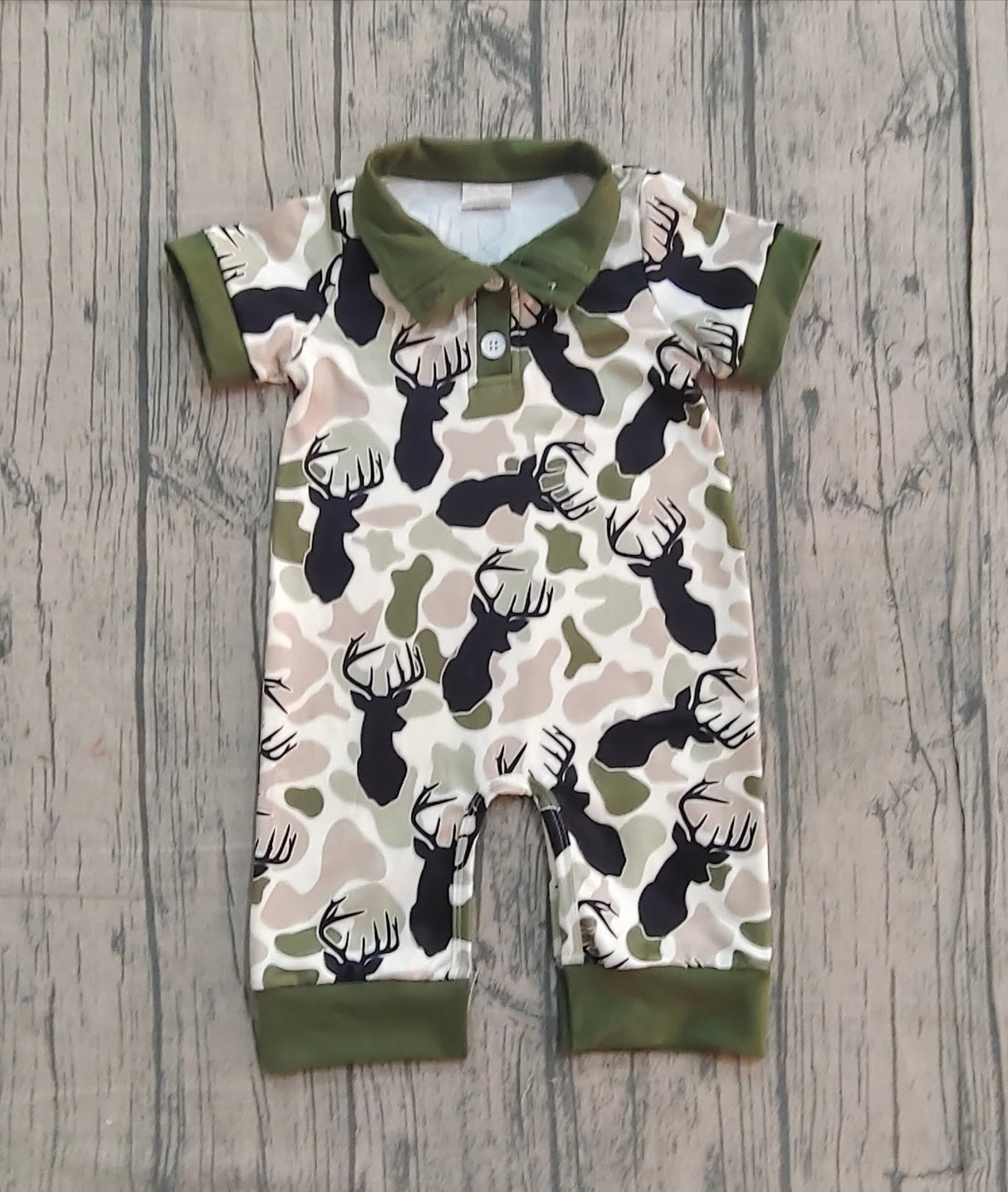 Short sleeves green camo deer baby boy polo romper