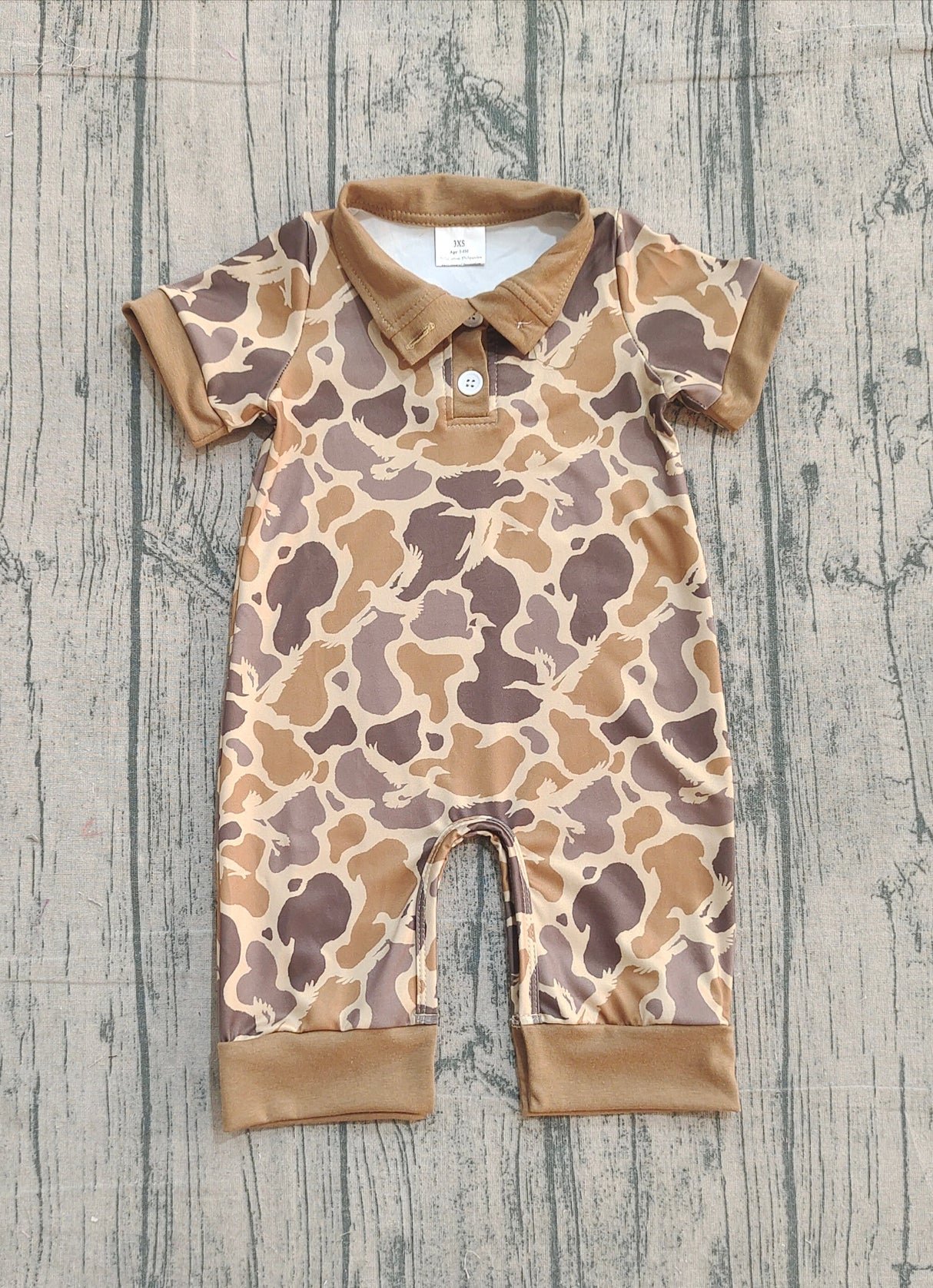 Short sleeves light brown camo baby boy polo romper