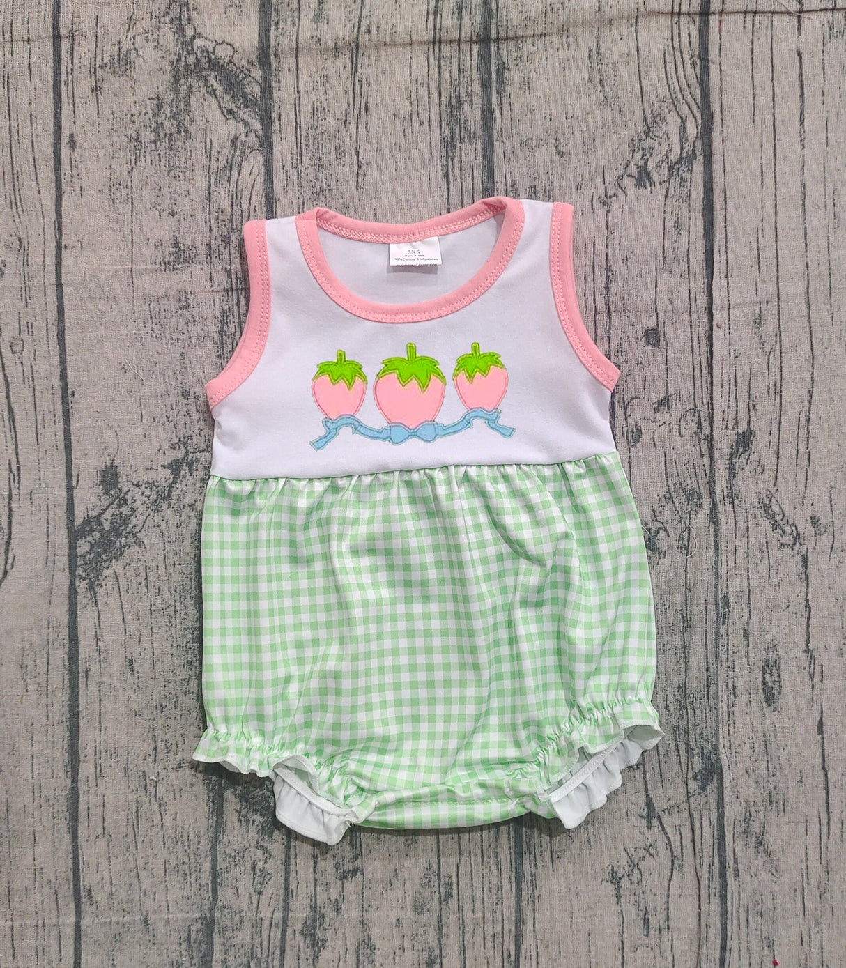 Sleeveless strawberry bow plaid baby girls romper