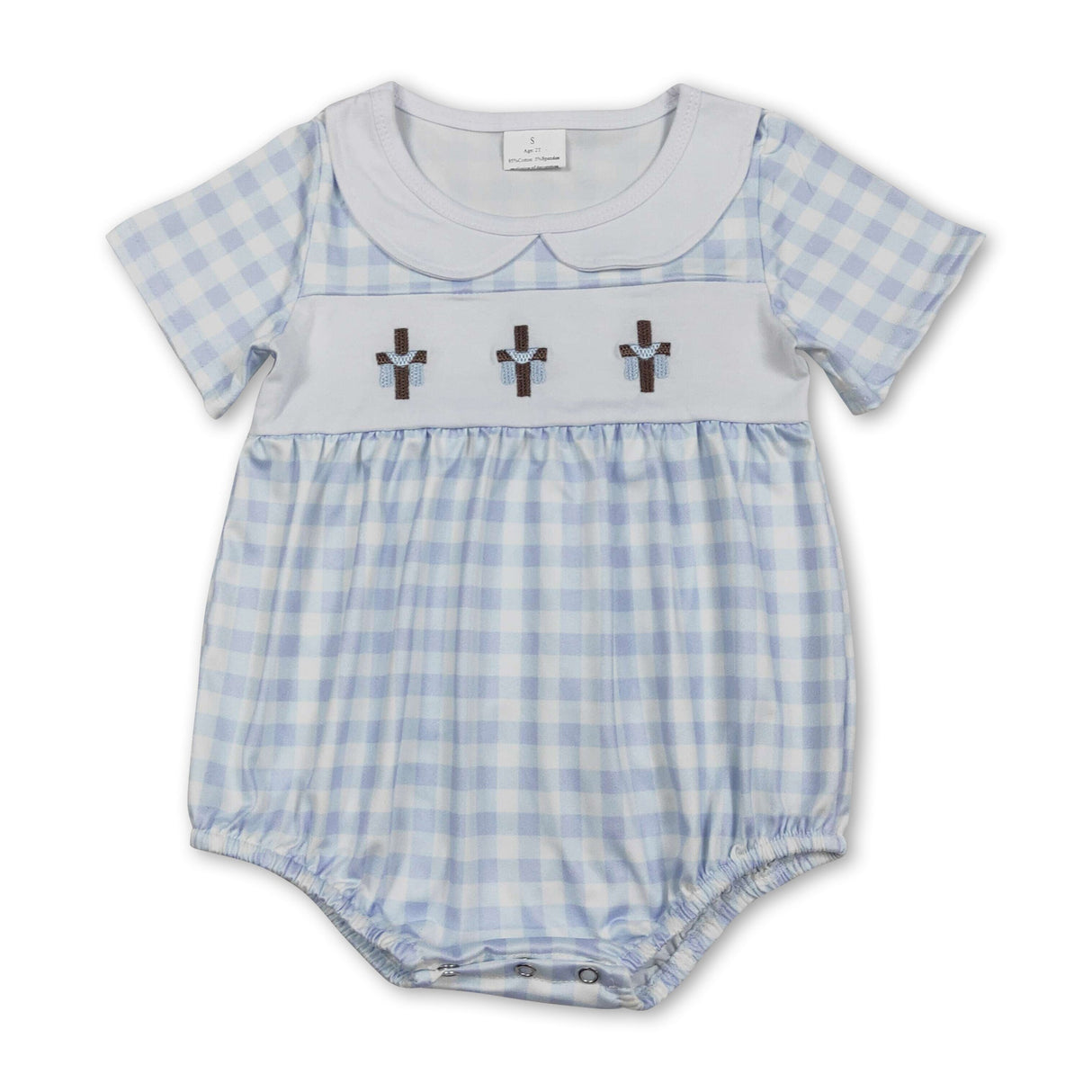 Light blue plaid cross embroidery baby boy Easter romper