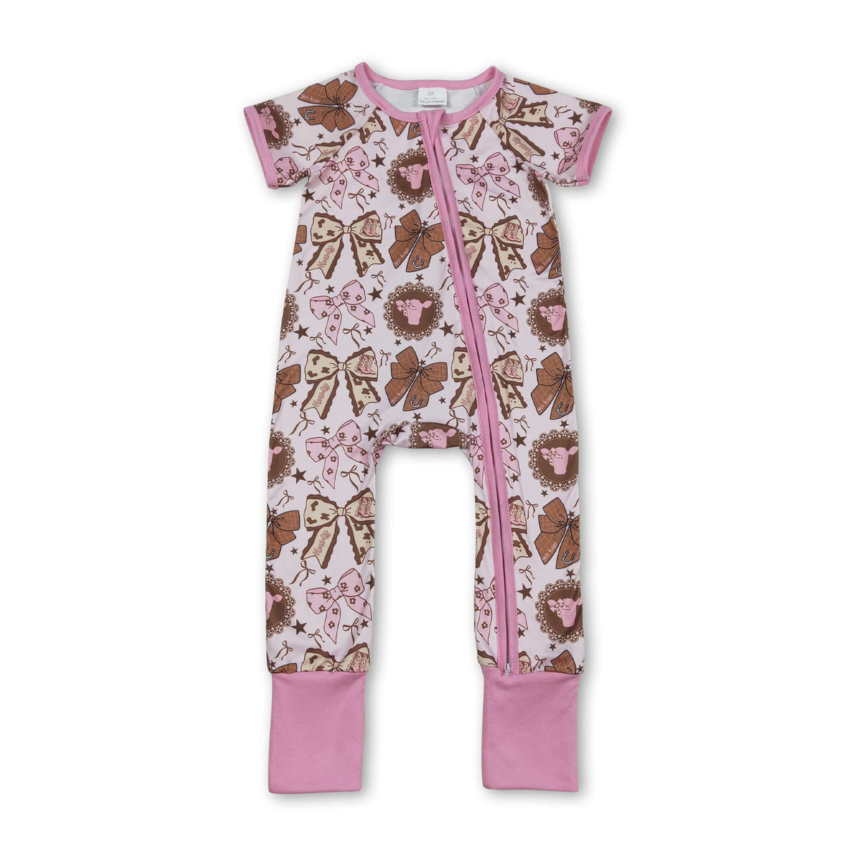 Pink short sleeves bow cow baby girls zipper romper
