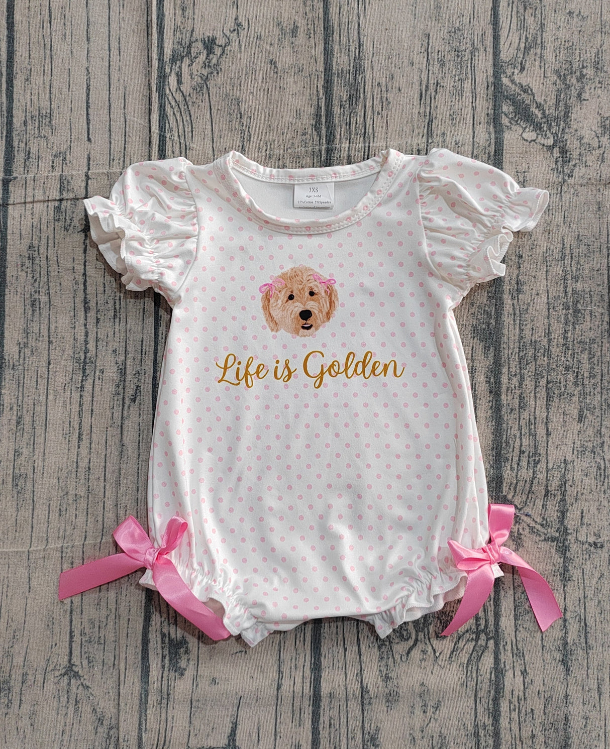 Polka dots life is golden dog bow baby girls romper