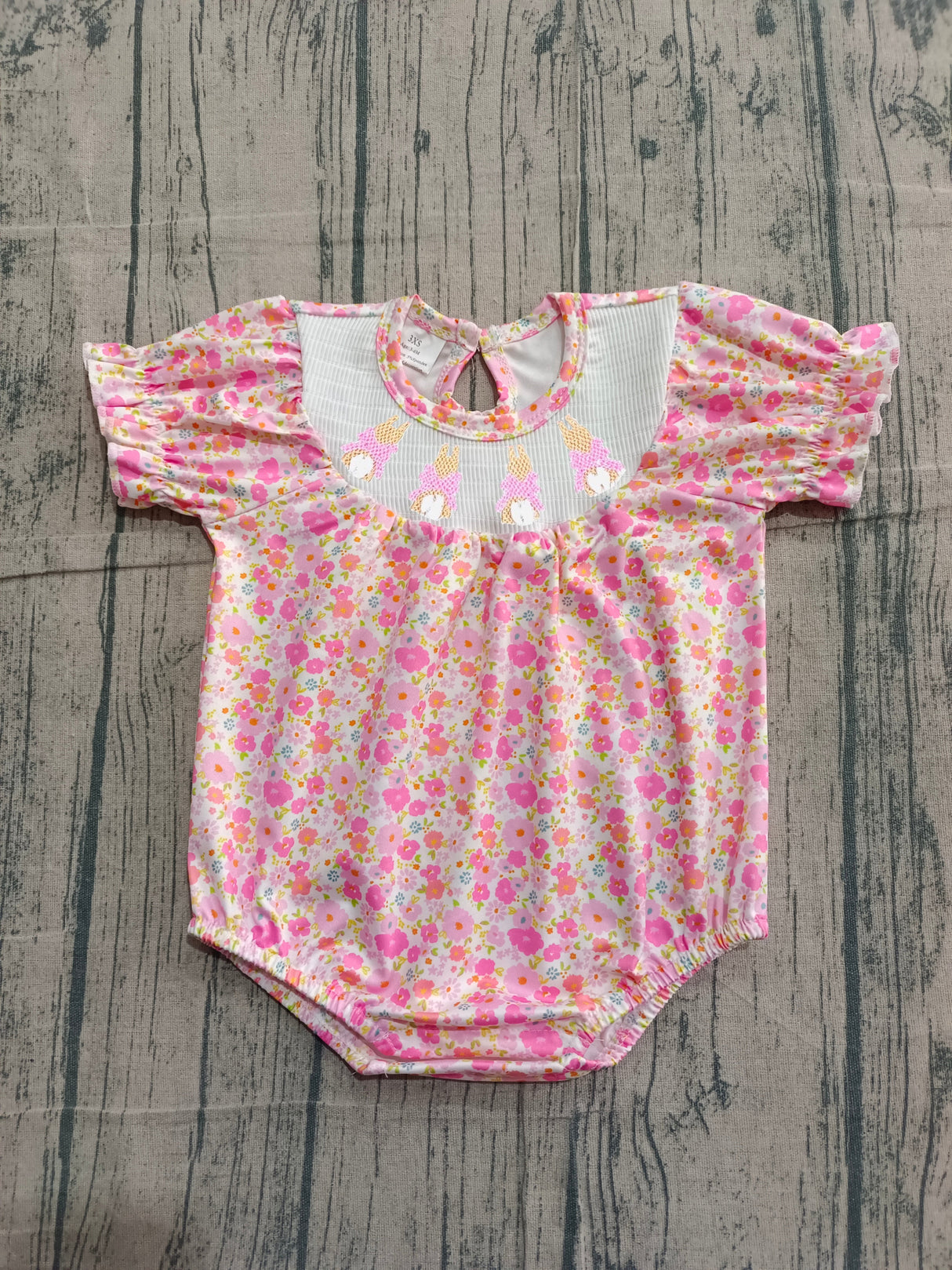 Short sleeves pink floral rabbit smocked baby Easter romper