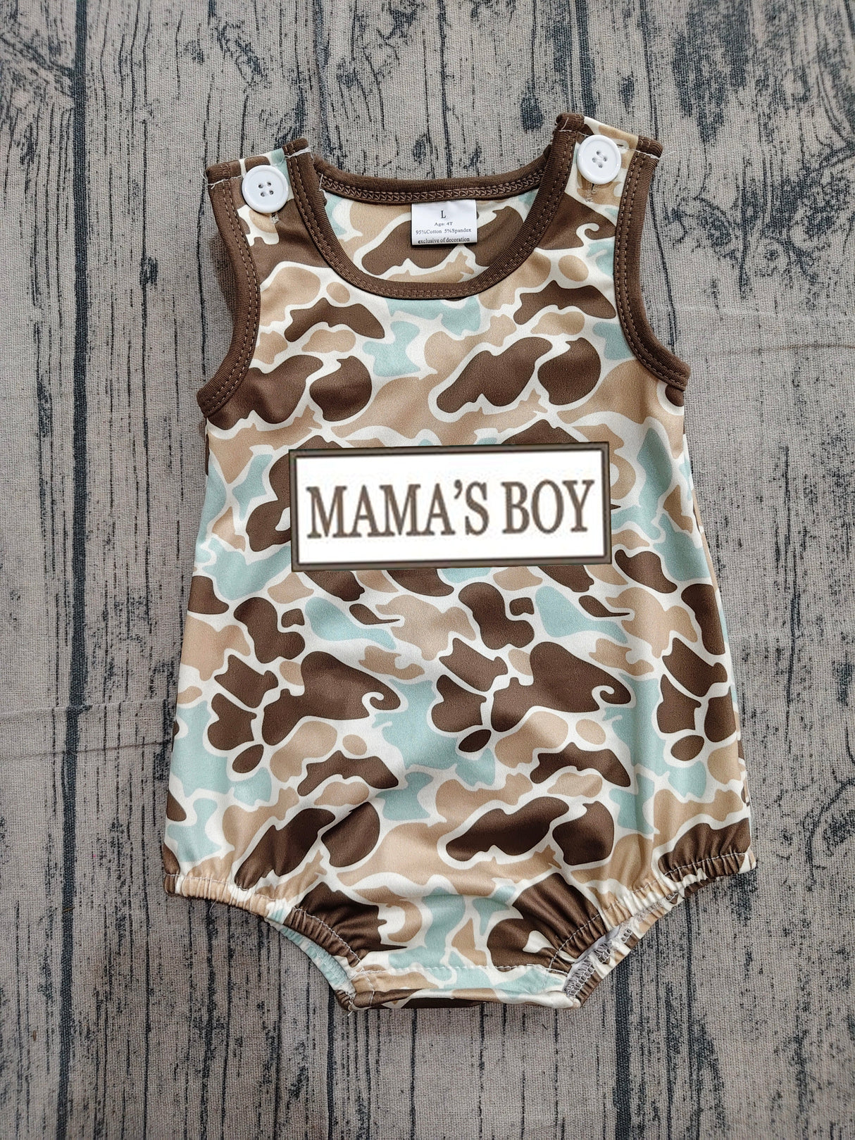Sleeveless camo mama's boy embroidery baby romper