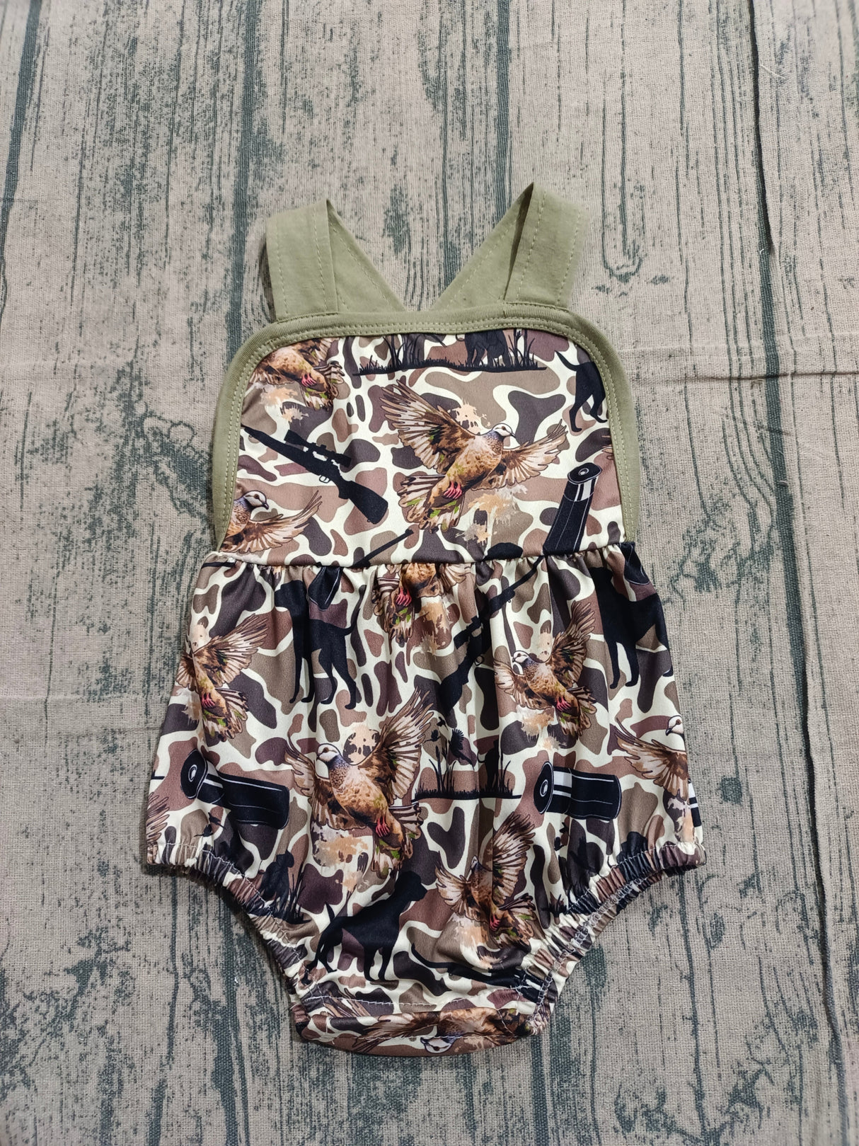 Straps hunting dog camo baby boy summer romper