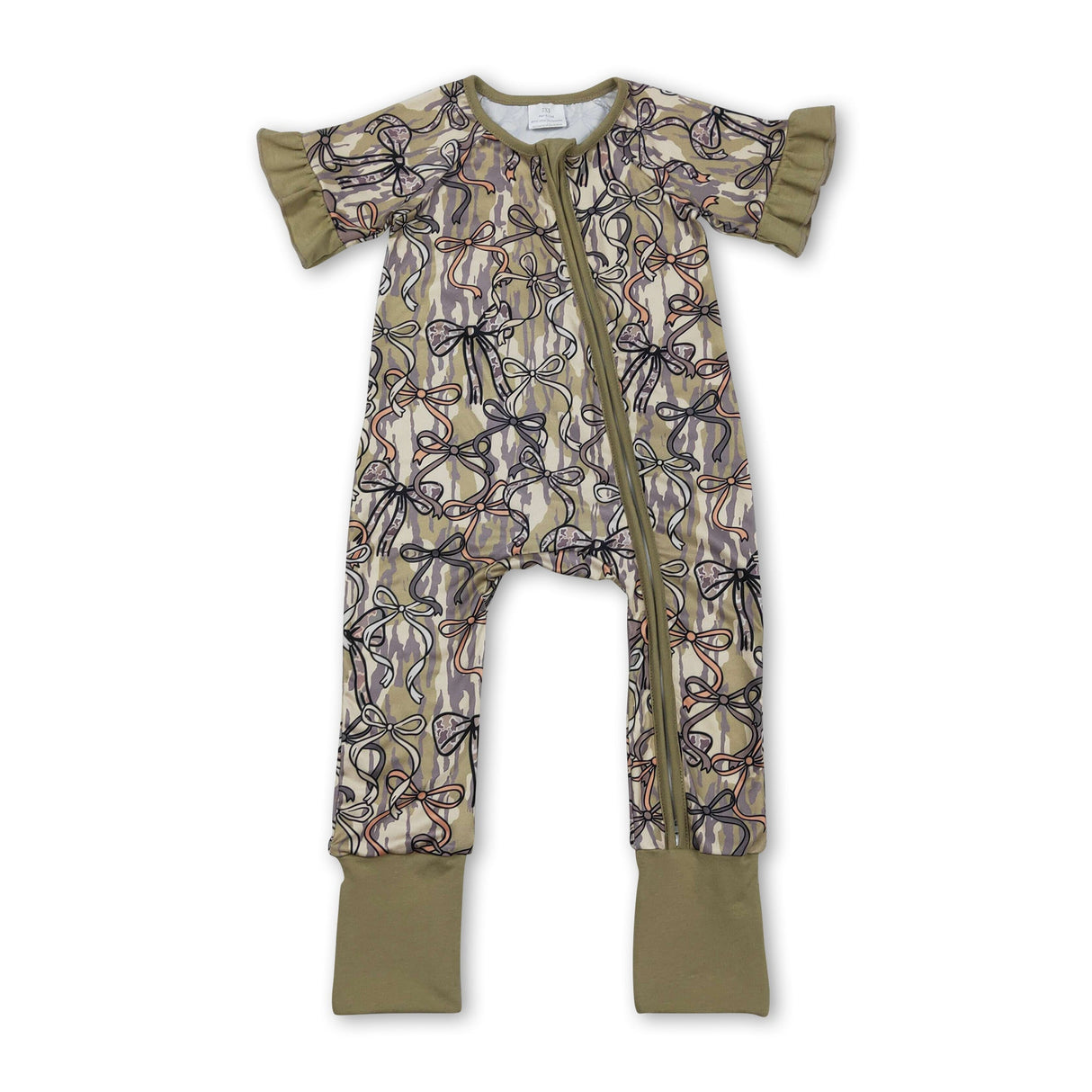 Ruffle short sleeves bow camo baby girls zipper romper
