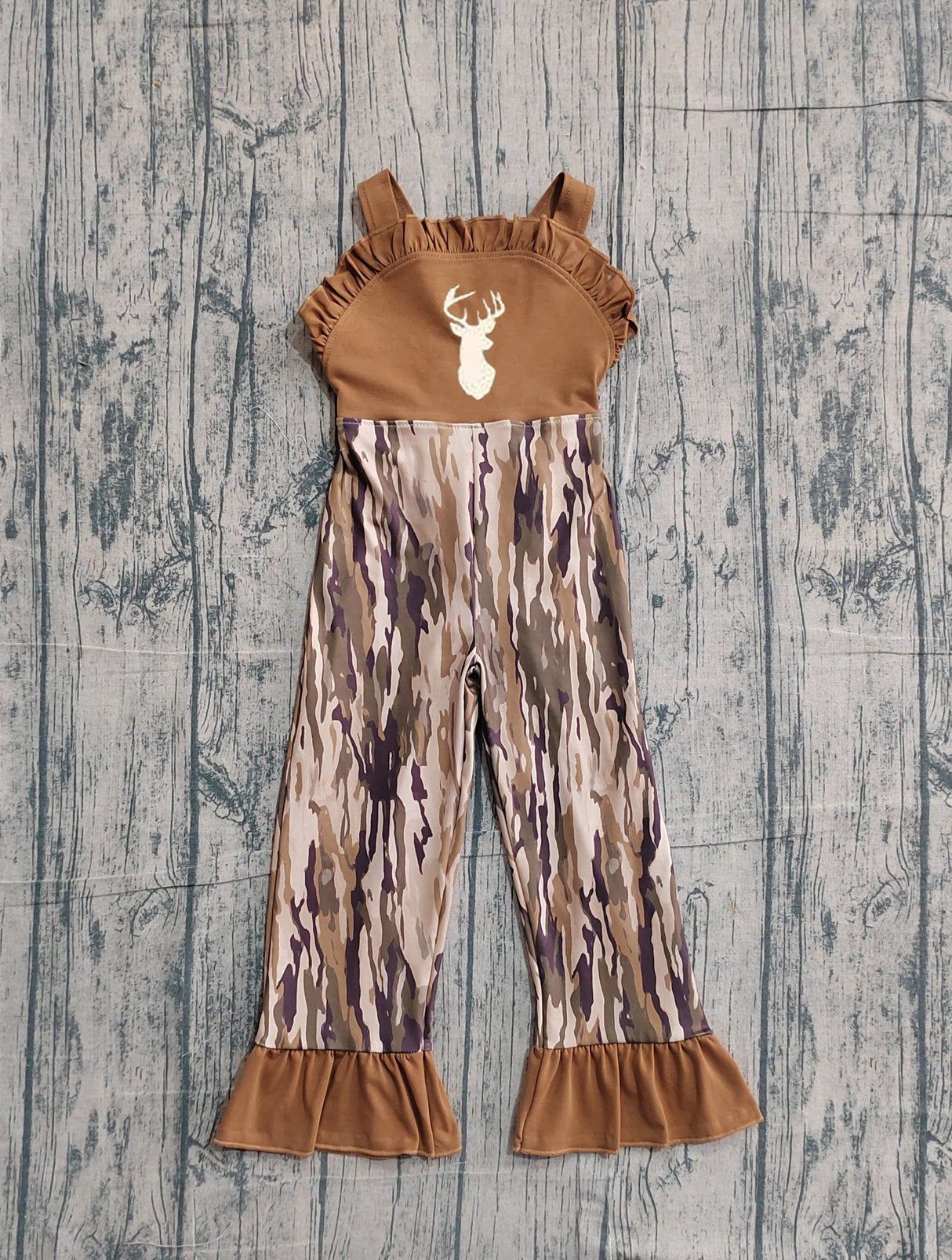 Deer embroidery brown ruffle camo kids girls jumpsuit