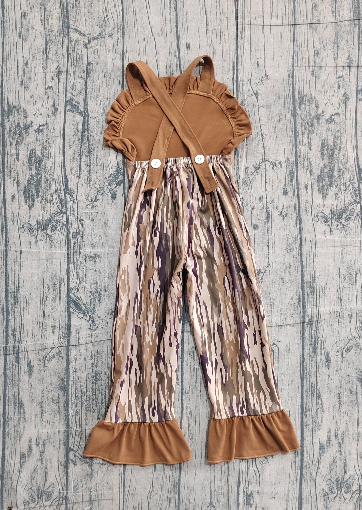 Deer embroidery brown ruffle camo kids girls jumpsuit