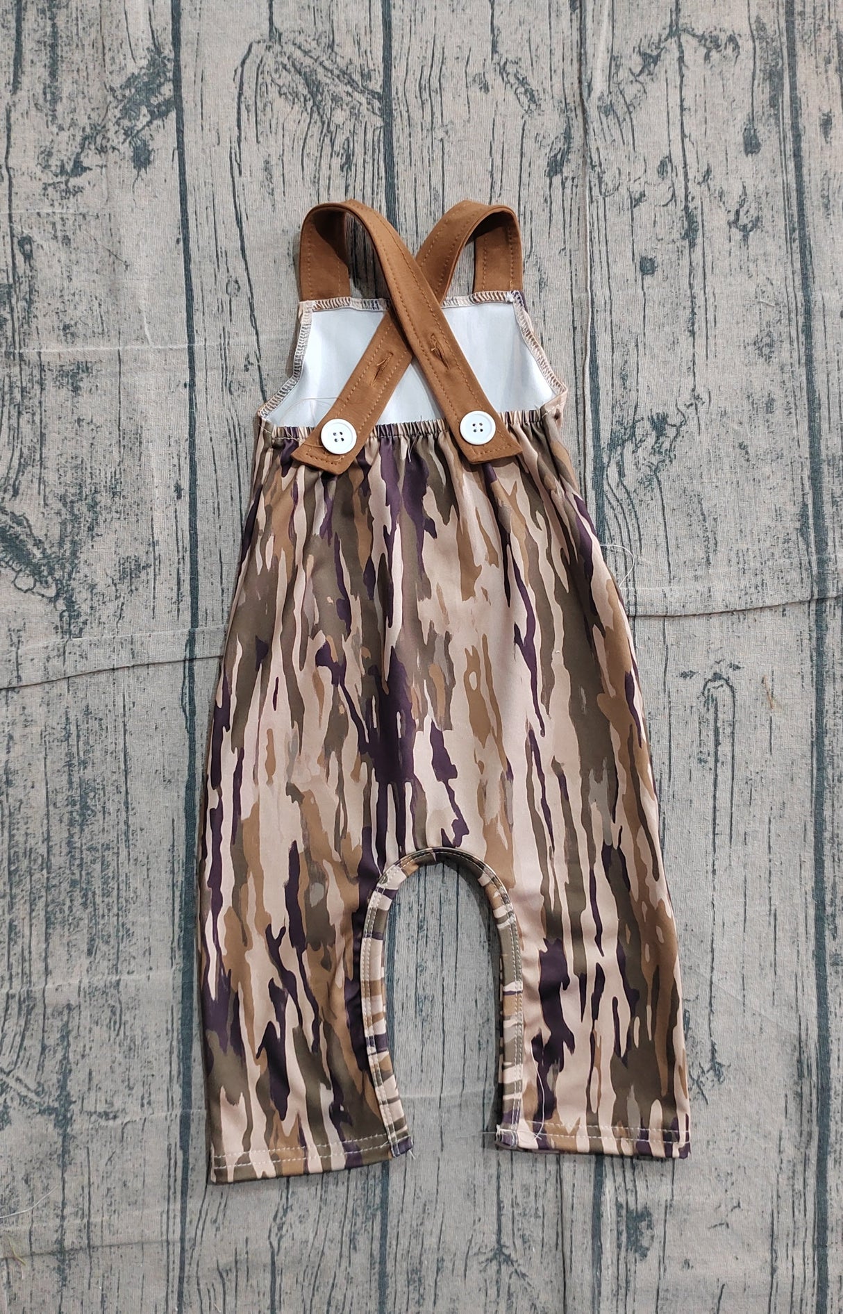 Brown straps deer embroidery pocket camo baby boy jumpsuit