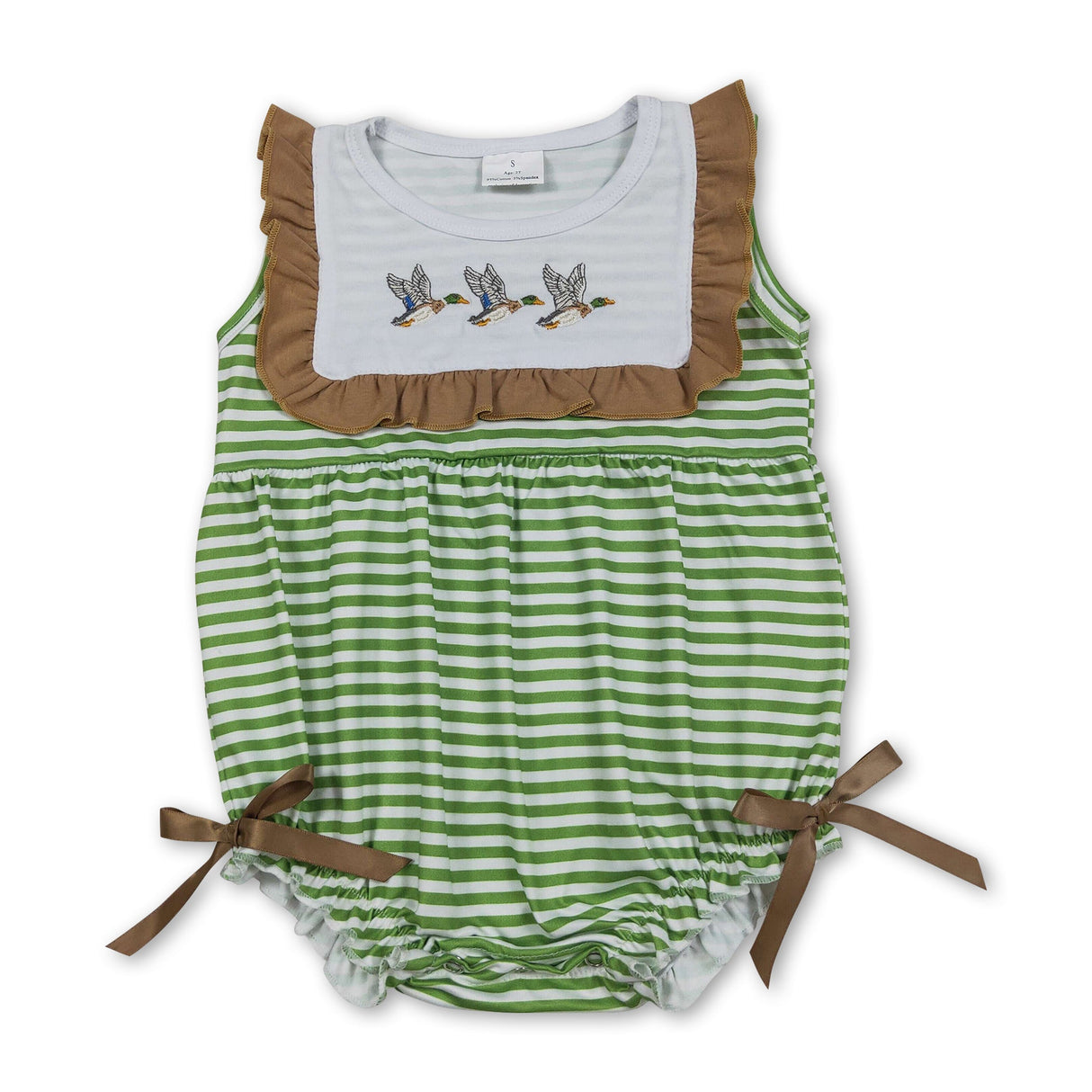 Sleeveless duck embroidery stripe baby girls romper