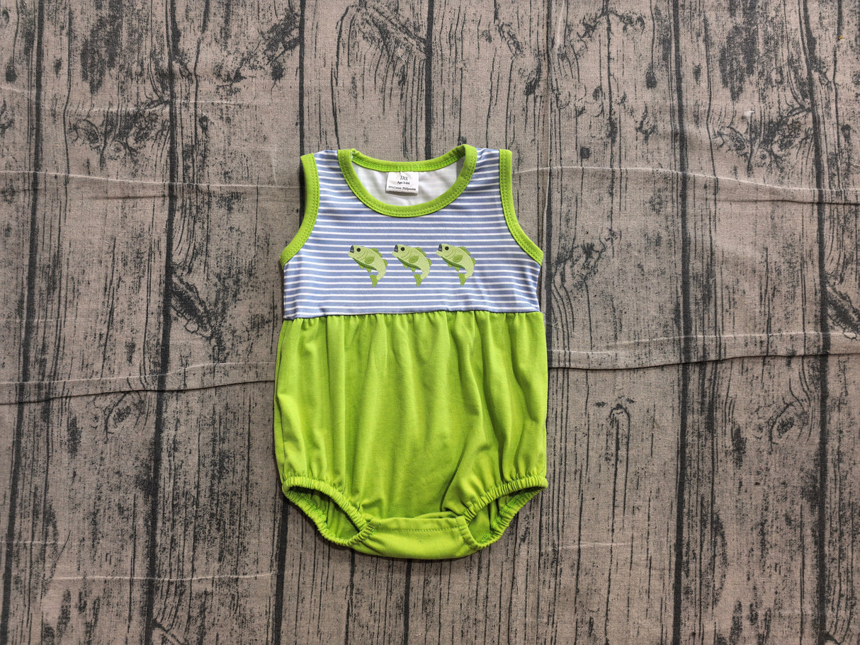 Sleeveless fish embroidery green baby boy romper