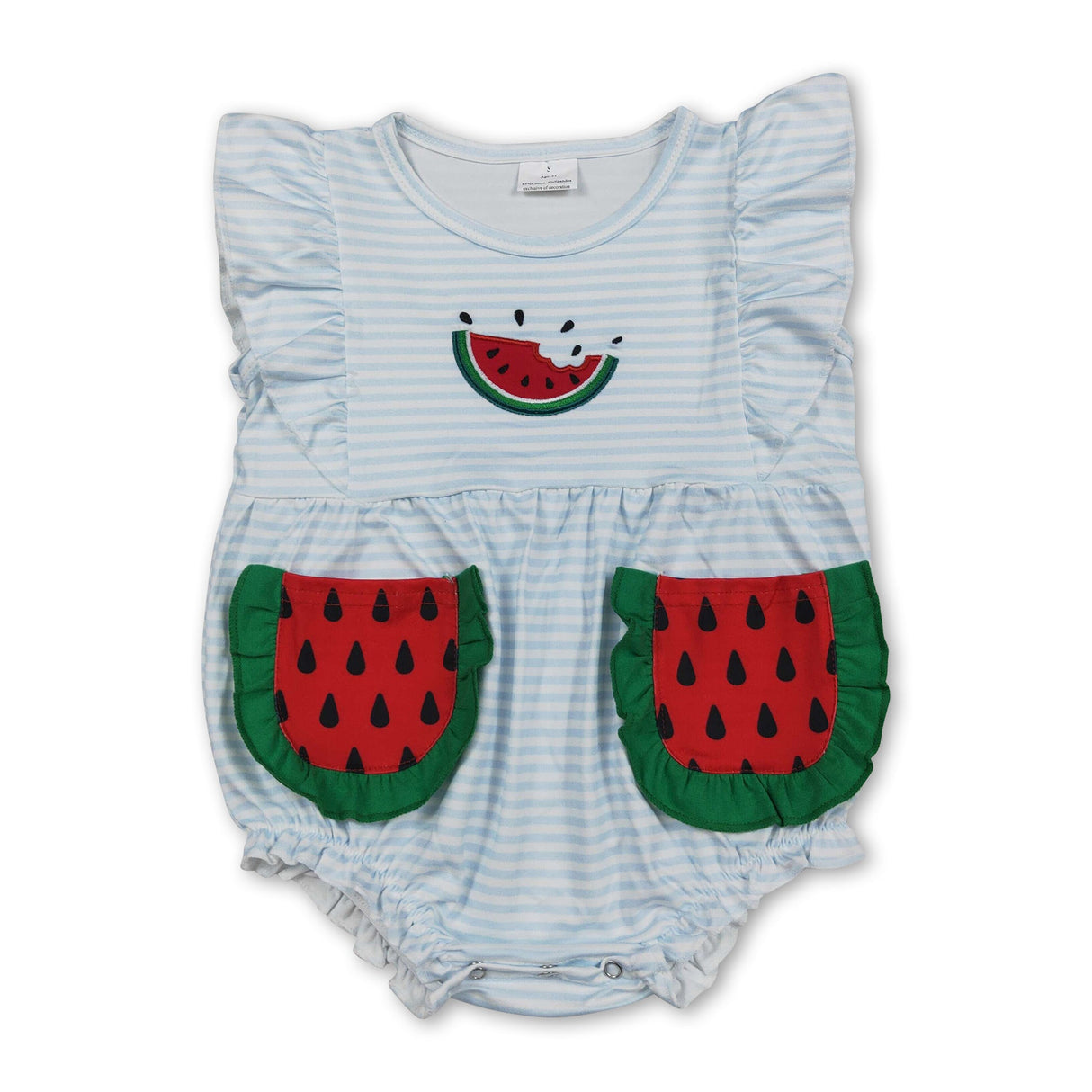 Flutter sleeves watermelon embroidery girls summer romper