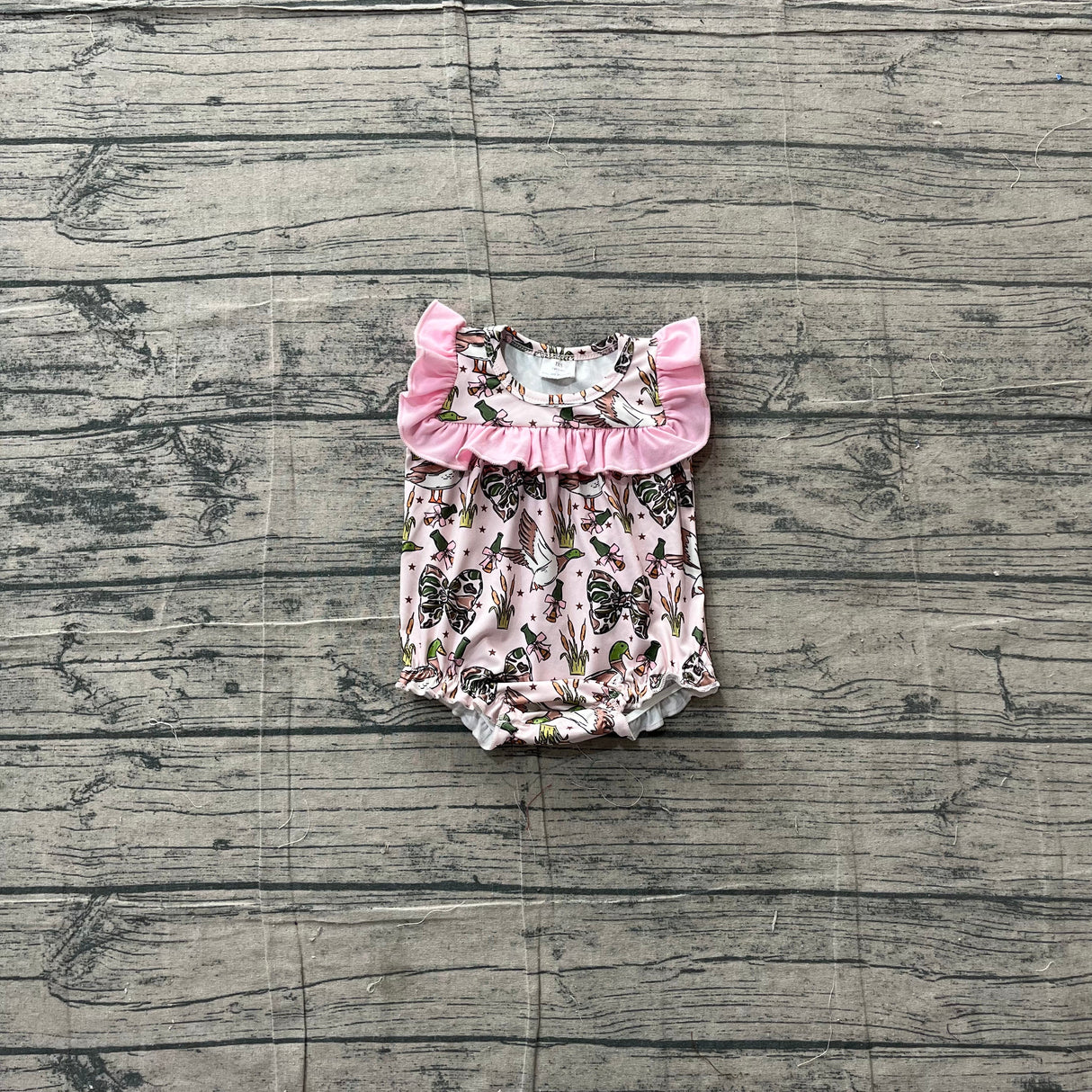Pink ruffle duck camo bow baby girls summer romper