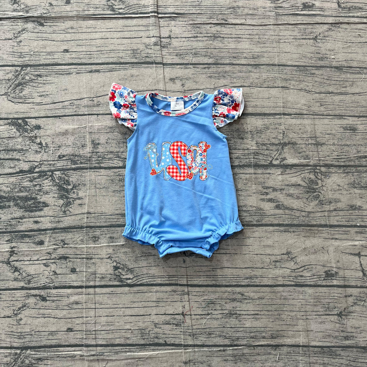 Floral flutter sleeves USA embroidery baby 4th of july romper