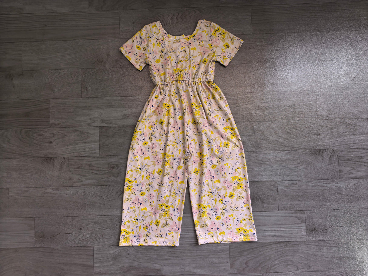Short sleeves pink yellow floral kids girls jumpsuit