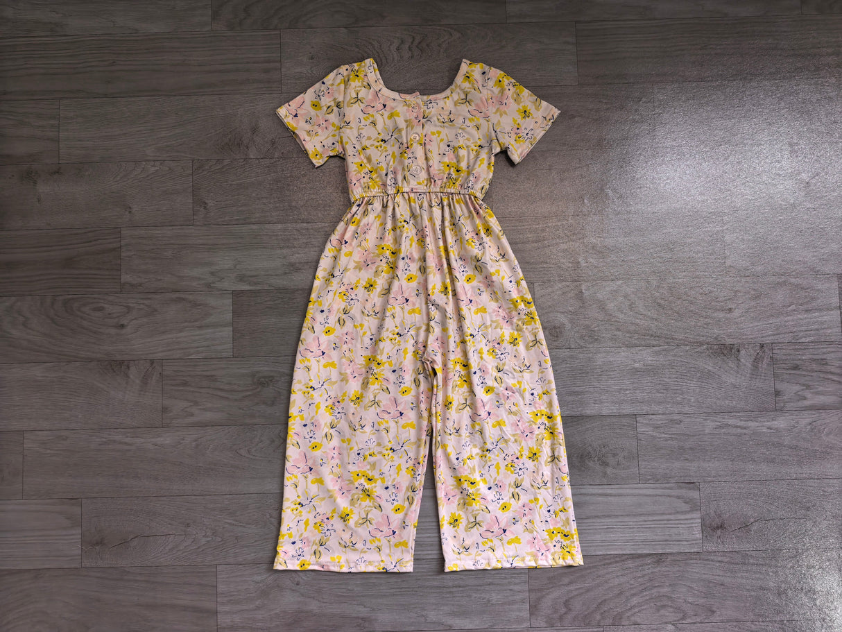 Short sleeves pink yellow floral kids girls jumpsuit