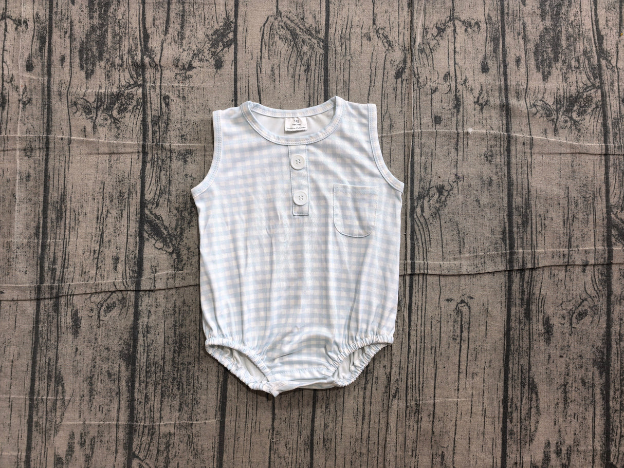 Sleeveless light blue plaid baby boy summer romper