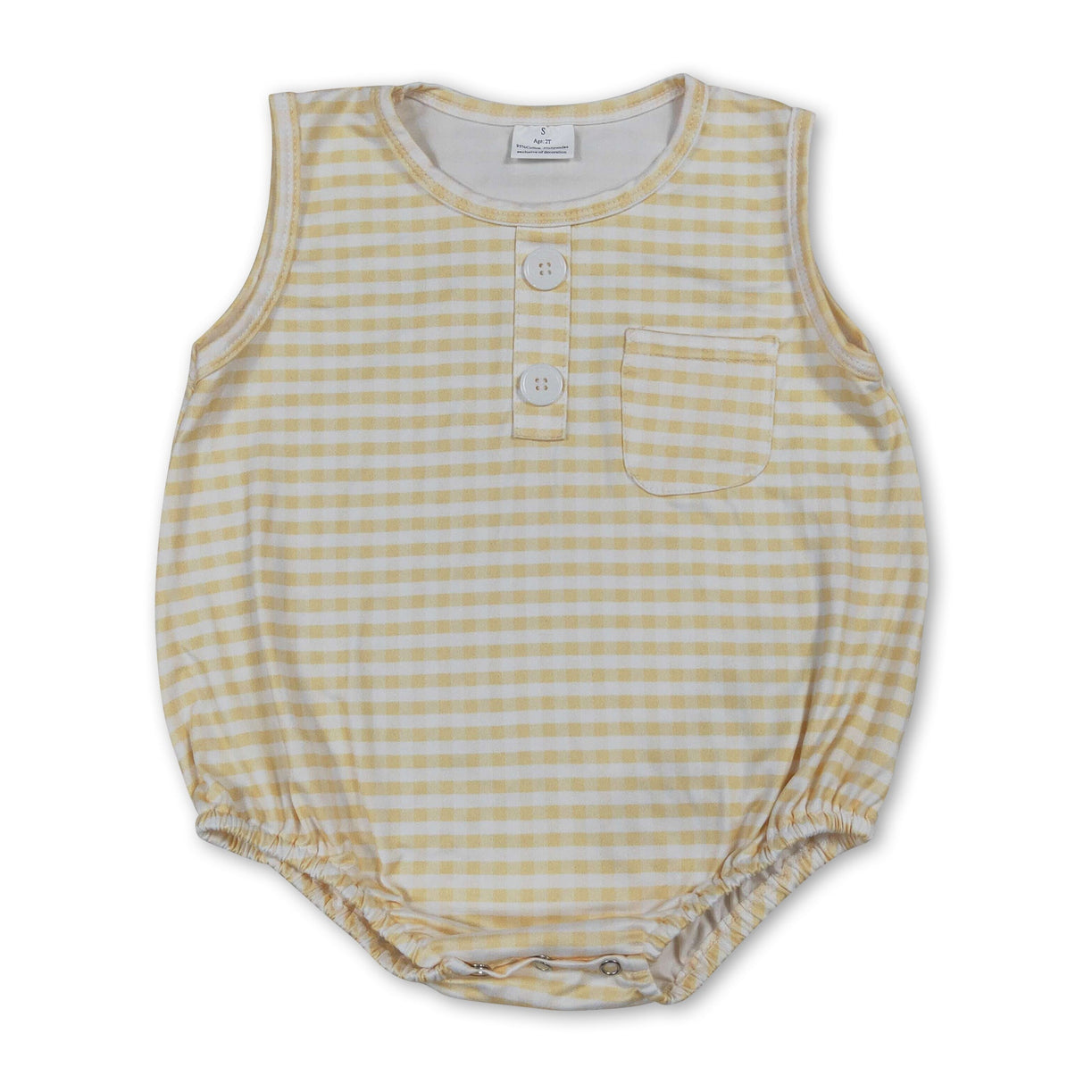 Sleeveless yellow plaid pocket baby boy summer romper