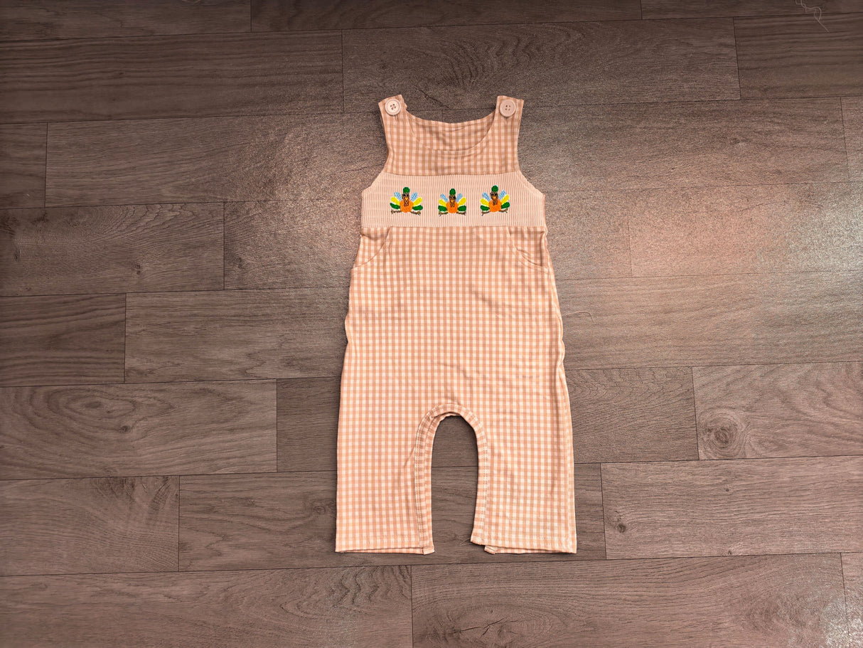 Sleeveless plaid turkey smocked boy Thanksgiving romper