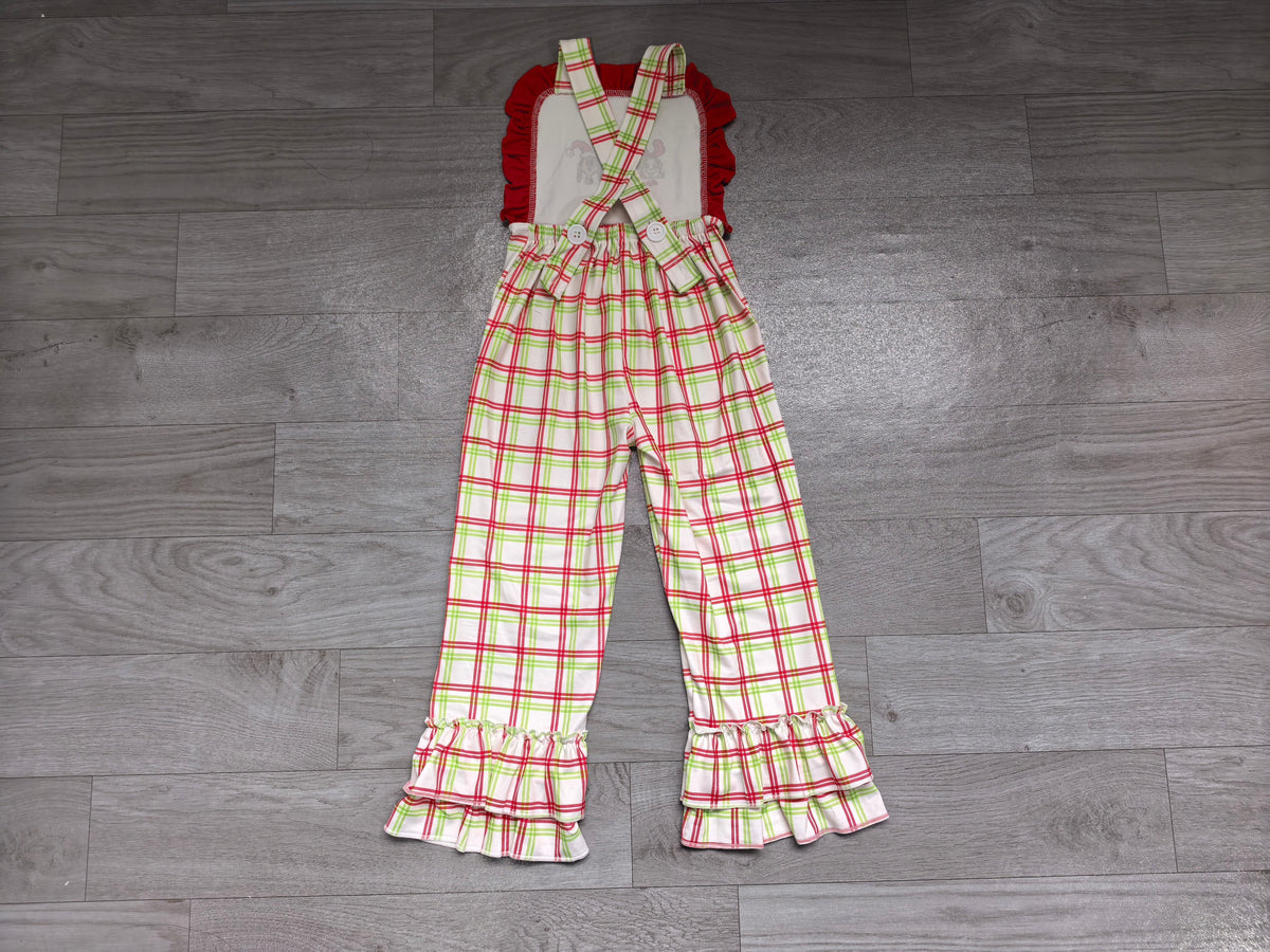 Straps ruffle green face plaid girls Christmas overalls