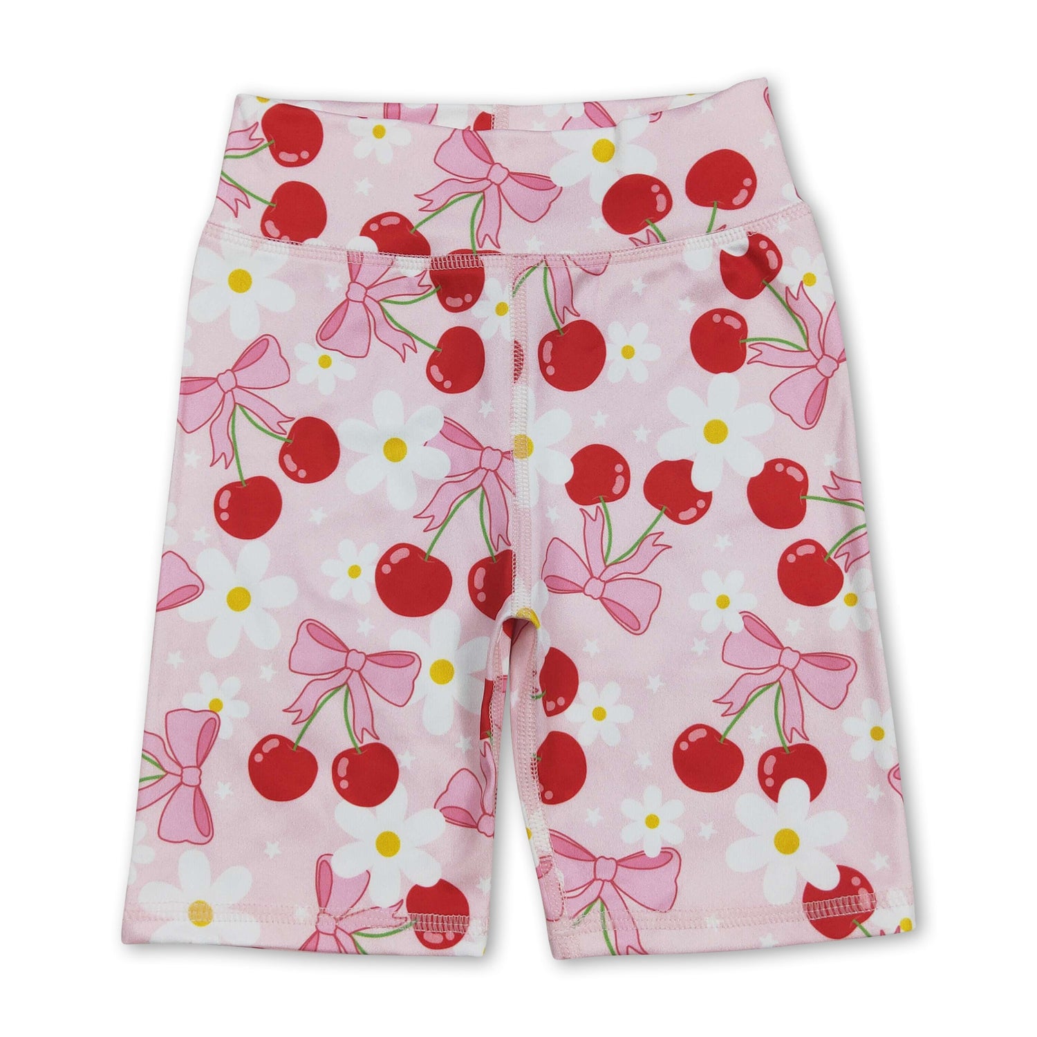 High waist pink bow cherry floral girls summer shorts