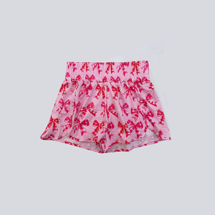 Pink plaid bow elastic waist kids girls summer shorts