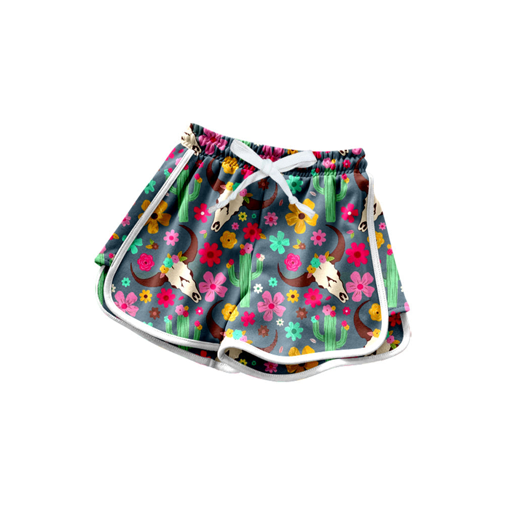 Bull skull floral cactus western kids girls shorts