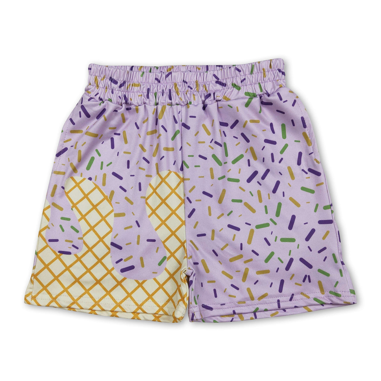 Purple yellow green ice cream sprinkle boy Mardi Gras shorts