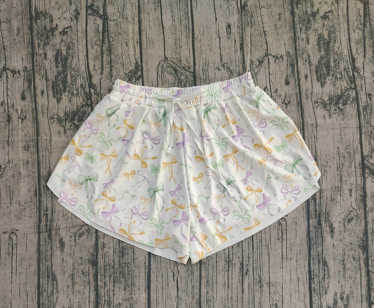 Purple green yellow bows adult women Mardi Gras shorts