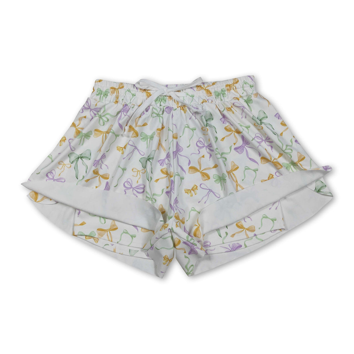 Purple green yellow bows adult women Mardi Gras shorts