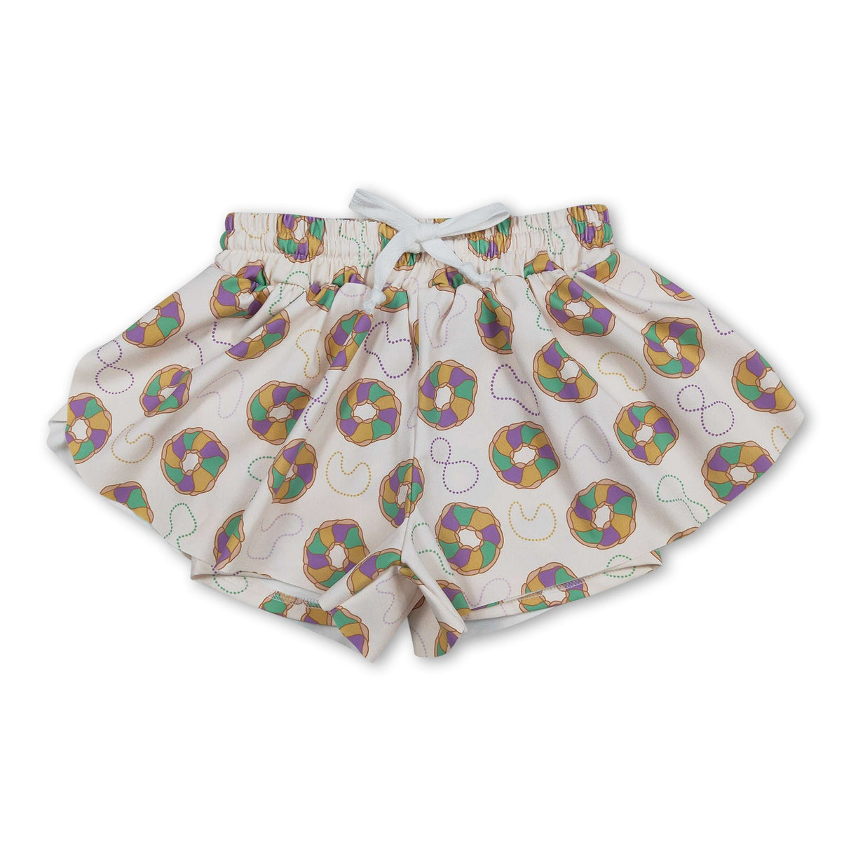 Purple green yellow donut kids girls Mardi Gras active shorts