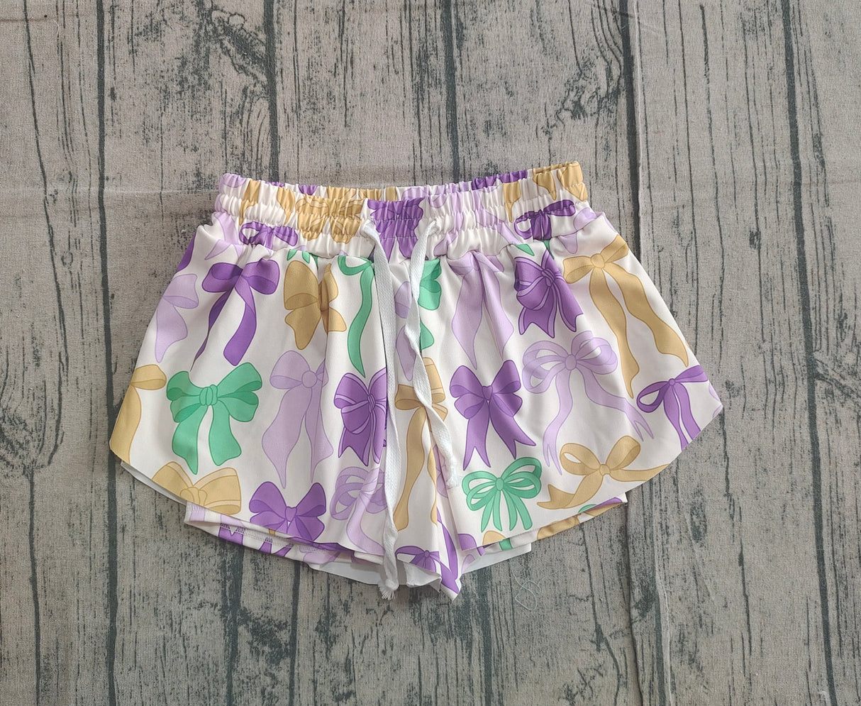 Purple green yellow bow kids girls Mardi Gras active shorts