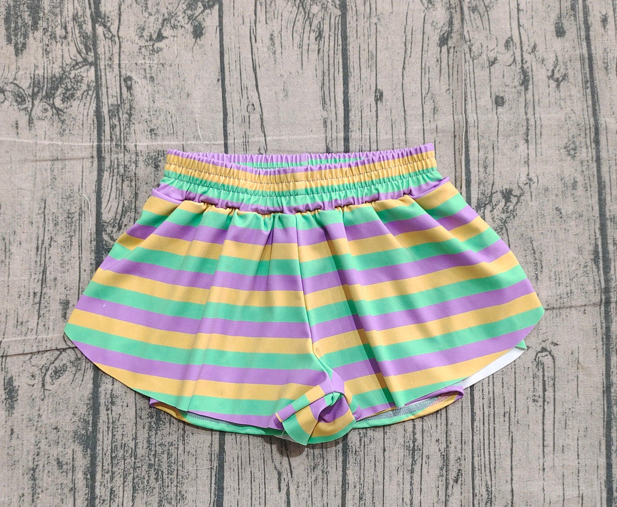 Purple green yellow stripe kids girls Mardi Gras active shorts