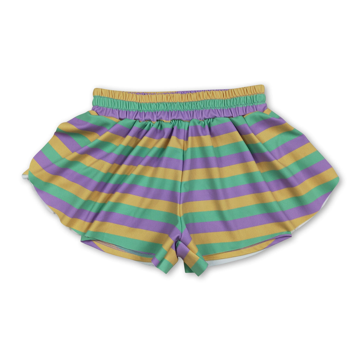 Purple green yellow stripe kids girls Mardi Gras active shorts