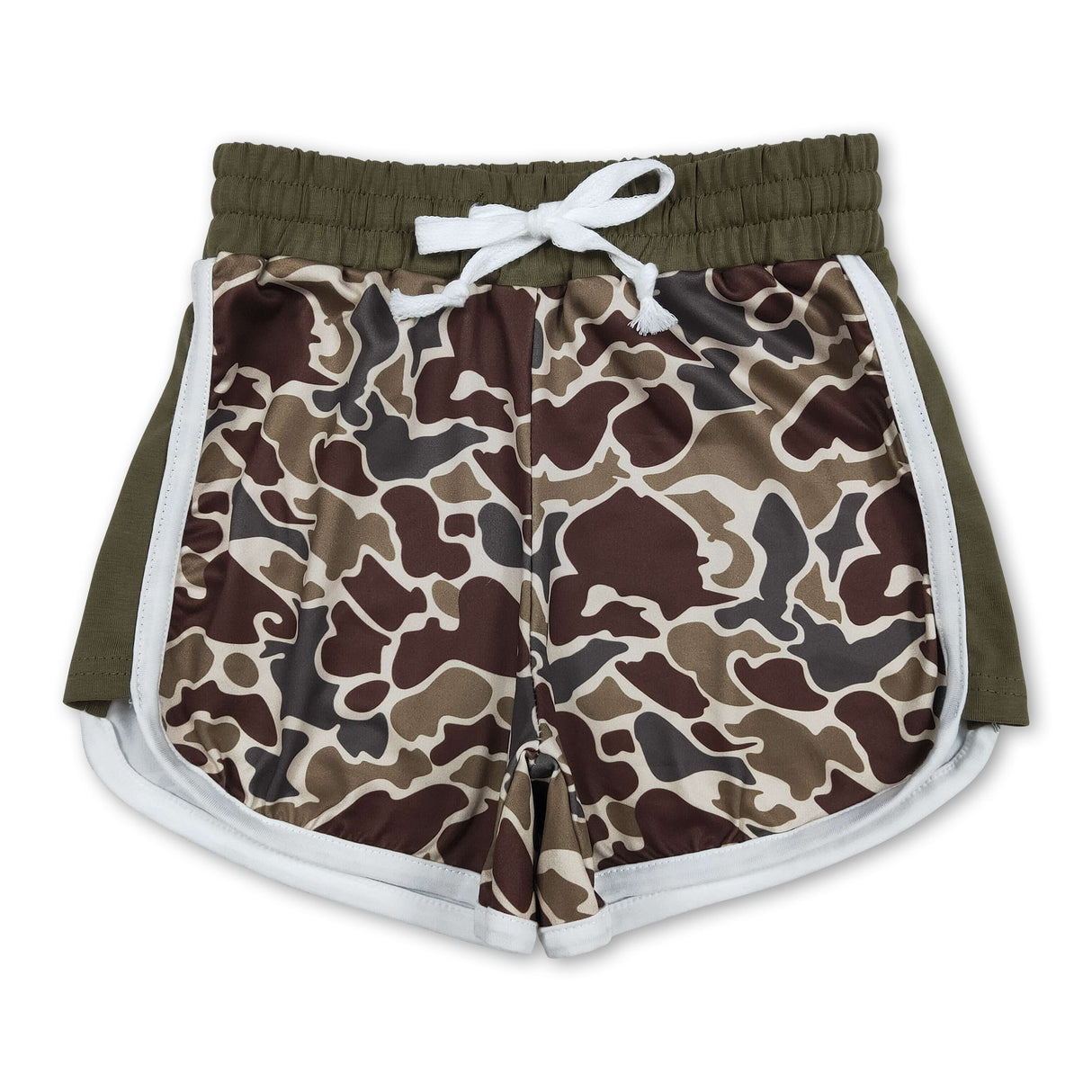 Dark green camo drawstring kids girls summer shorts