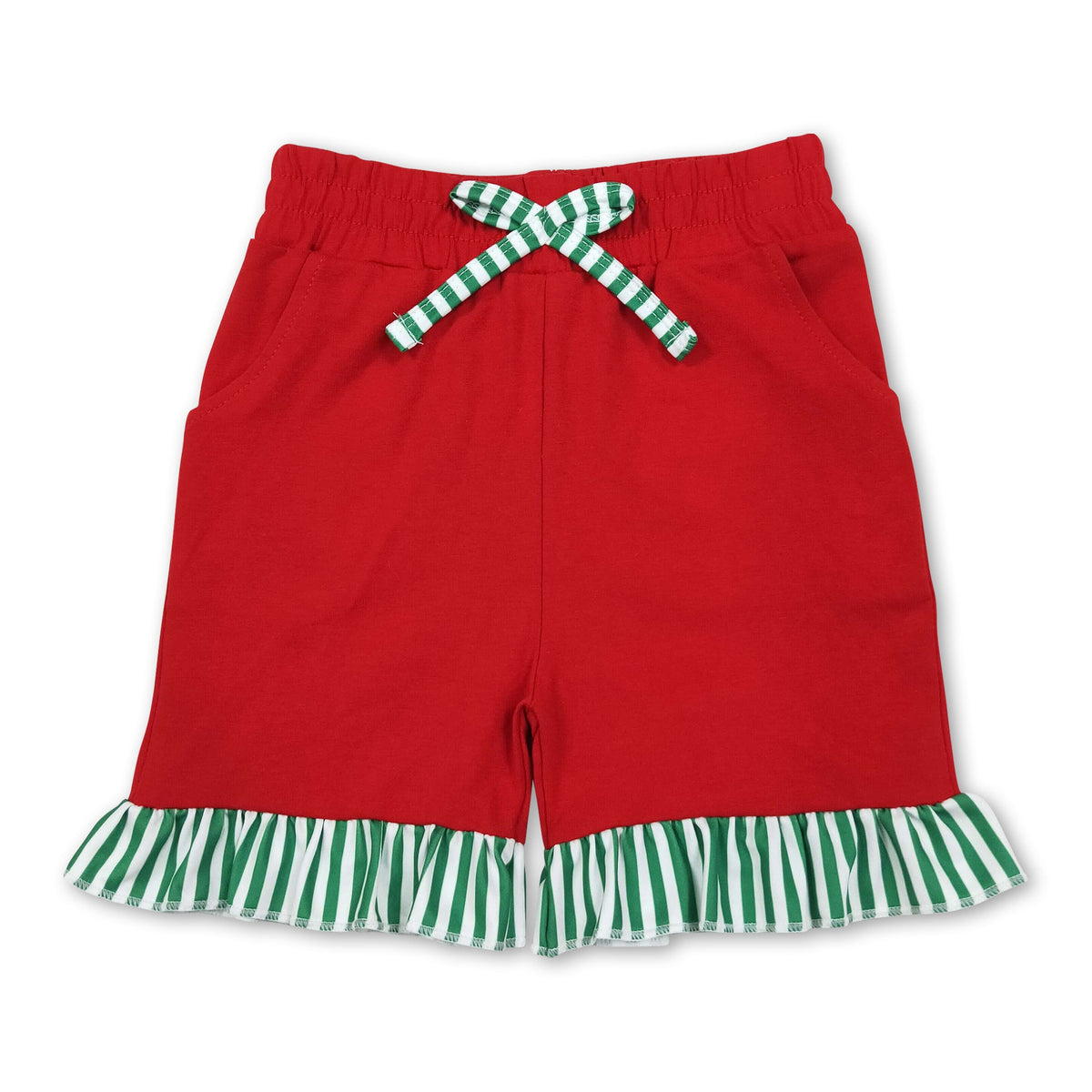 Red green stripe ruffle cotton pockets kids girls shorts