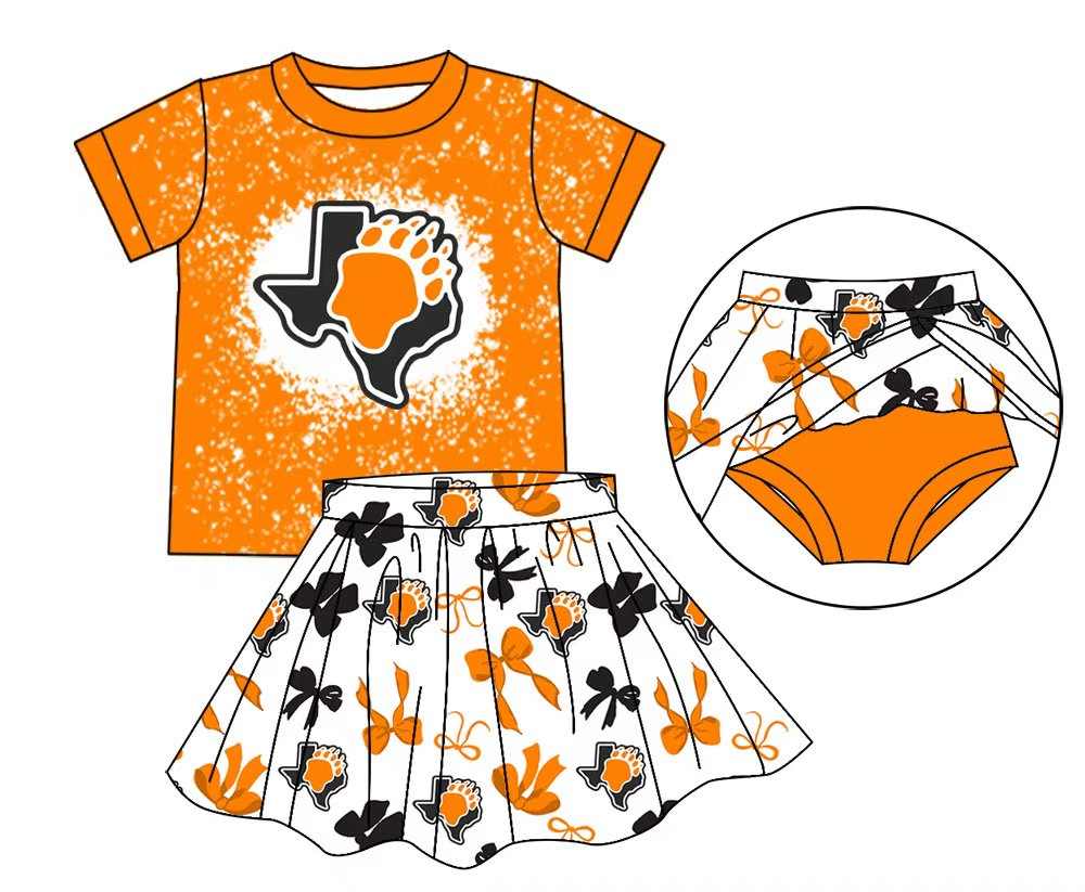 MOQ 5 pcs orange bleached top skorts kids girls team outfits