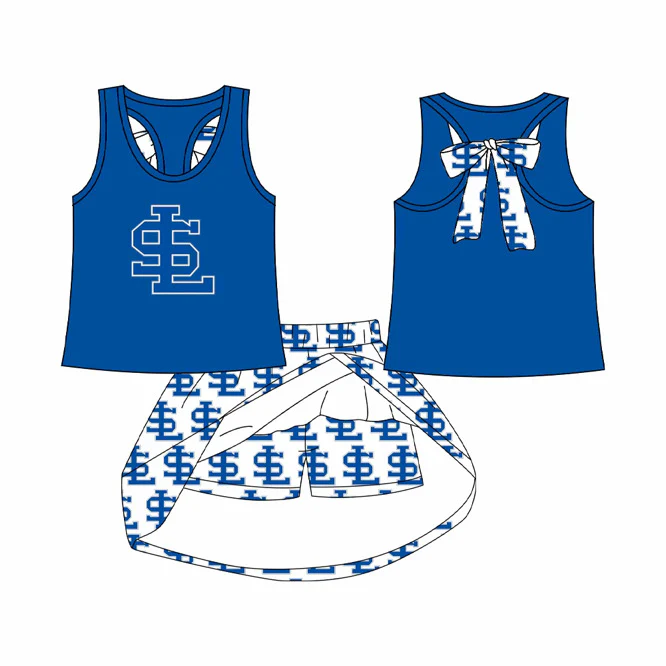 MOQ 5 pcs sleeveless blue top S L skirt girls team clothing