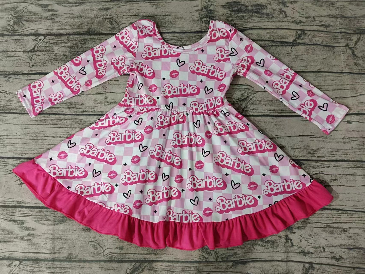 MOQ 3 pcs Pink plaid ruffle long sleeves party girls dresses