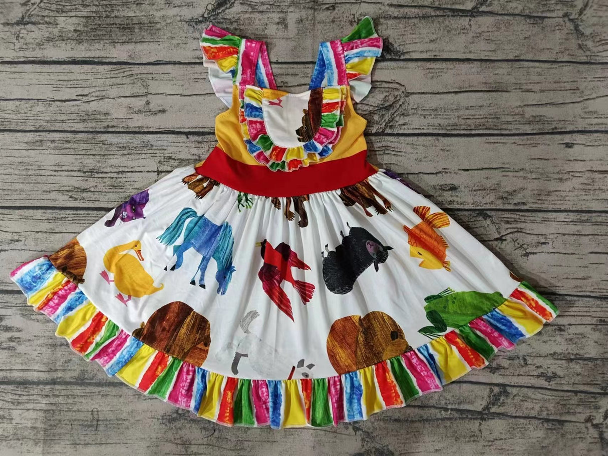 MOQ 3 pcs flutter sleeves colorful stripe ruffle animal girls dress