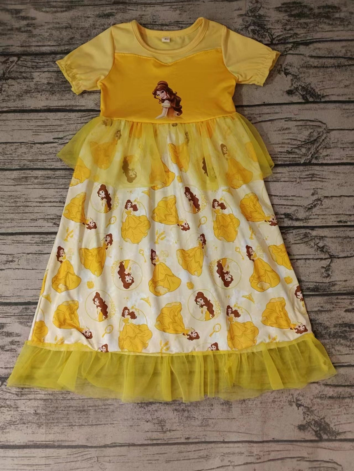 MOQ 3 pcs yellow short sleeves princess tulle girls dresses