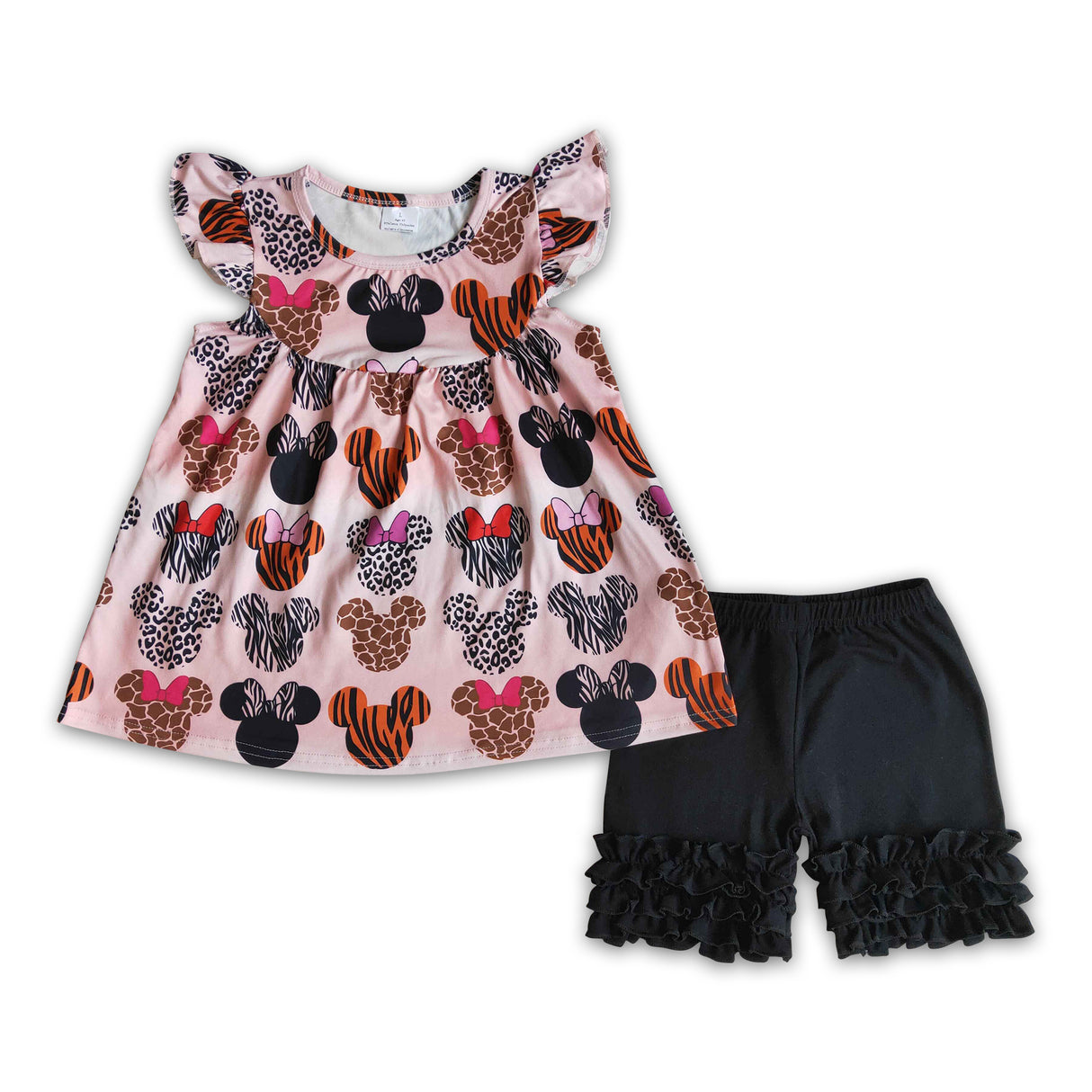 Animal print flutter sleeve pearl shirt icing ruffle shorts girls summer clothes