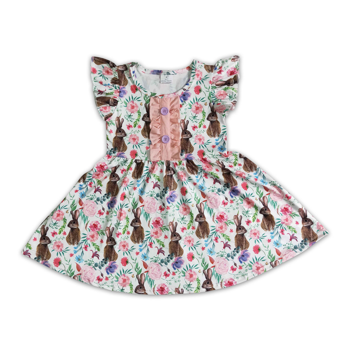 Flutter sleeve bunny print girls easter twirl dresses