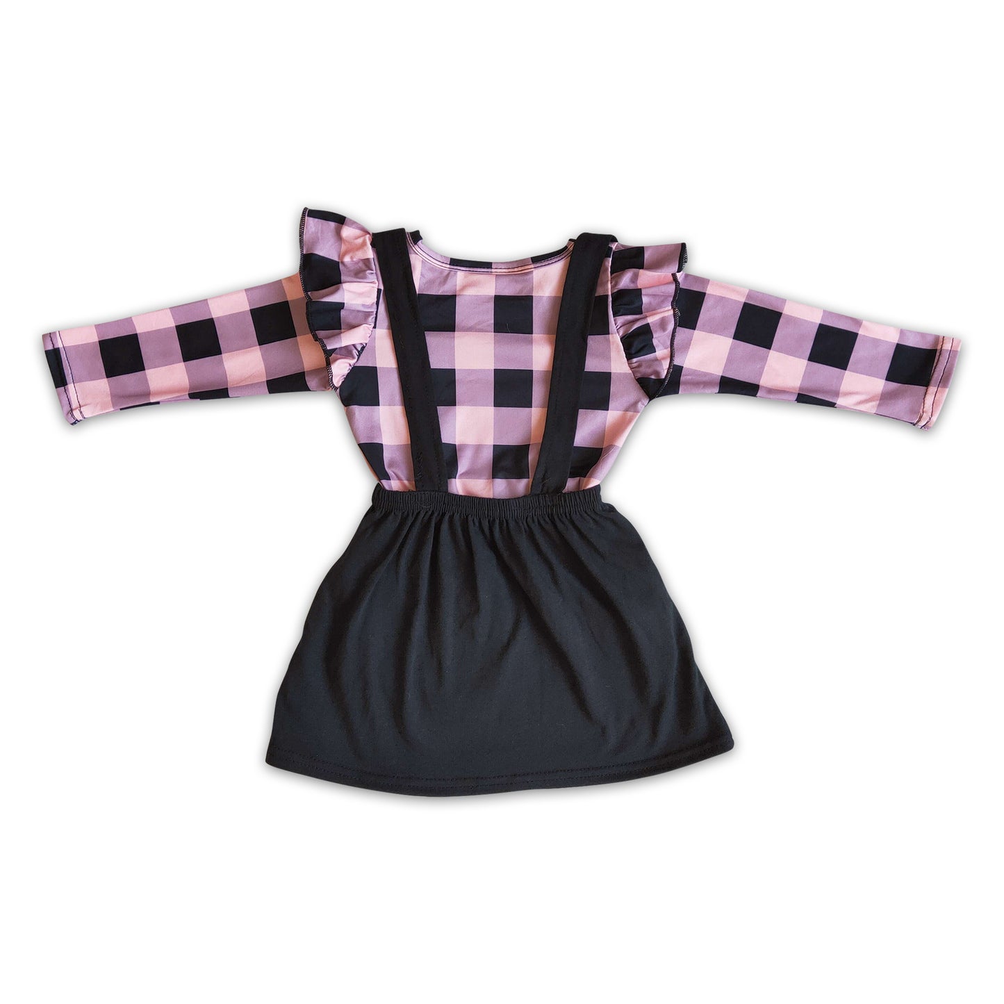 Heart embroidery plaid long sleeve shirt suspender skirt girls valentine's outfits