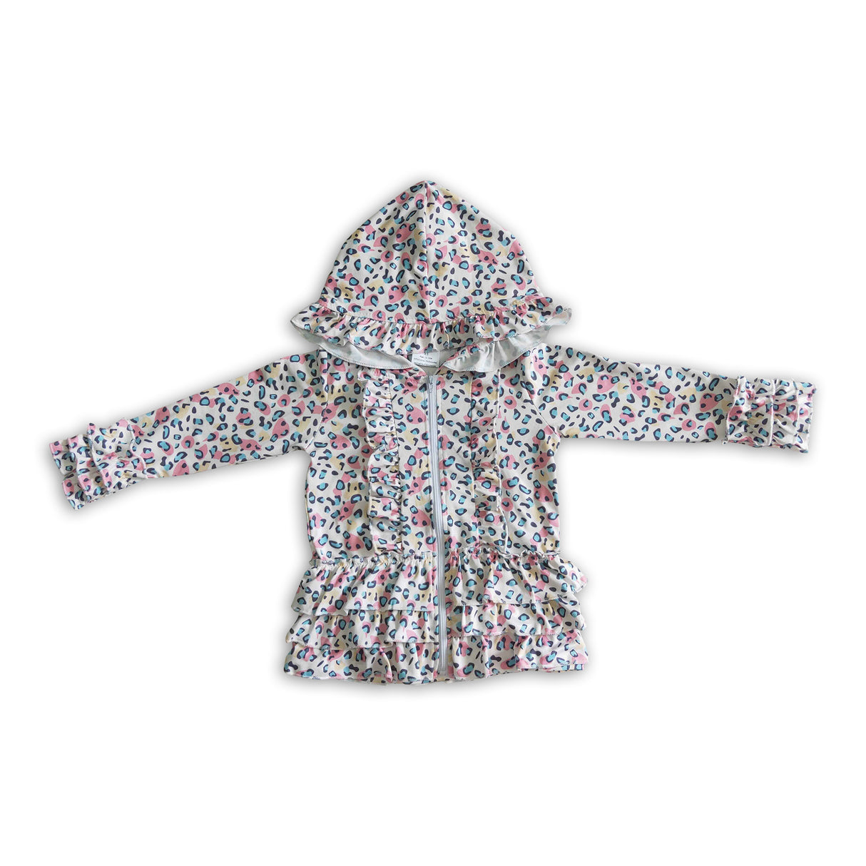 White colorful leopard zipper girls ruffle hoodie cardigan