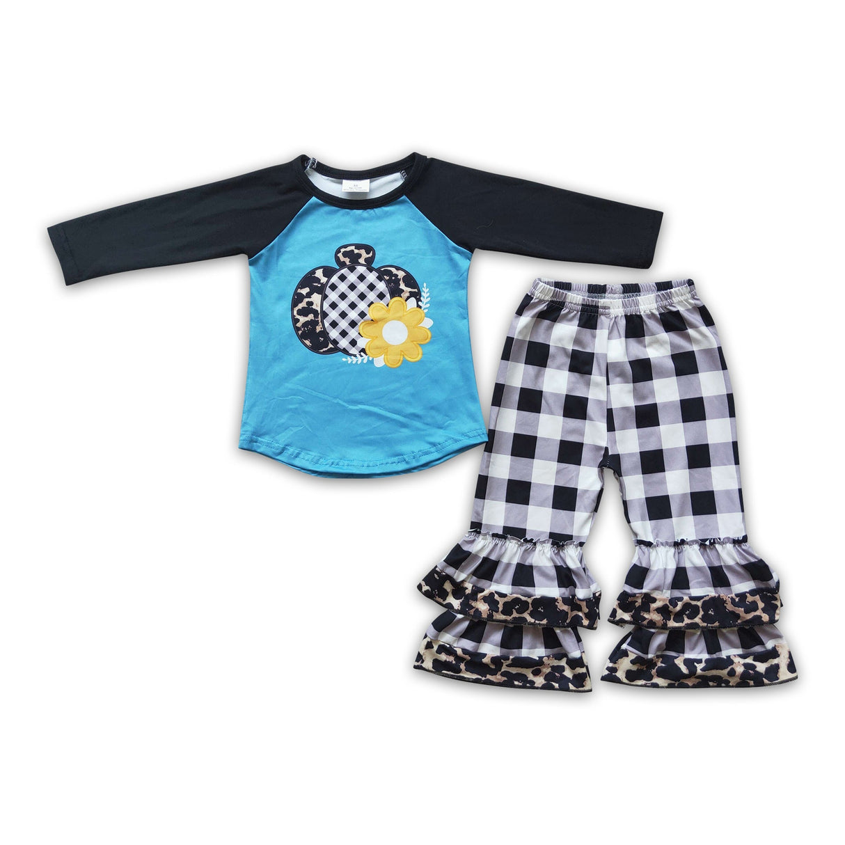 Floral pumpkin print plaid ruffle pants girls fall set