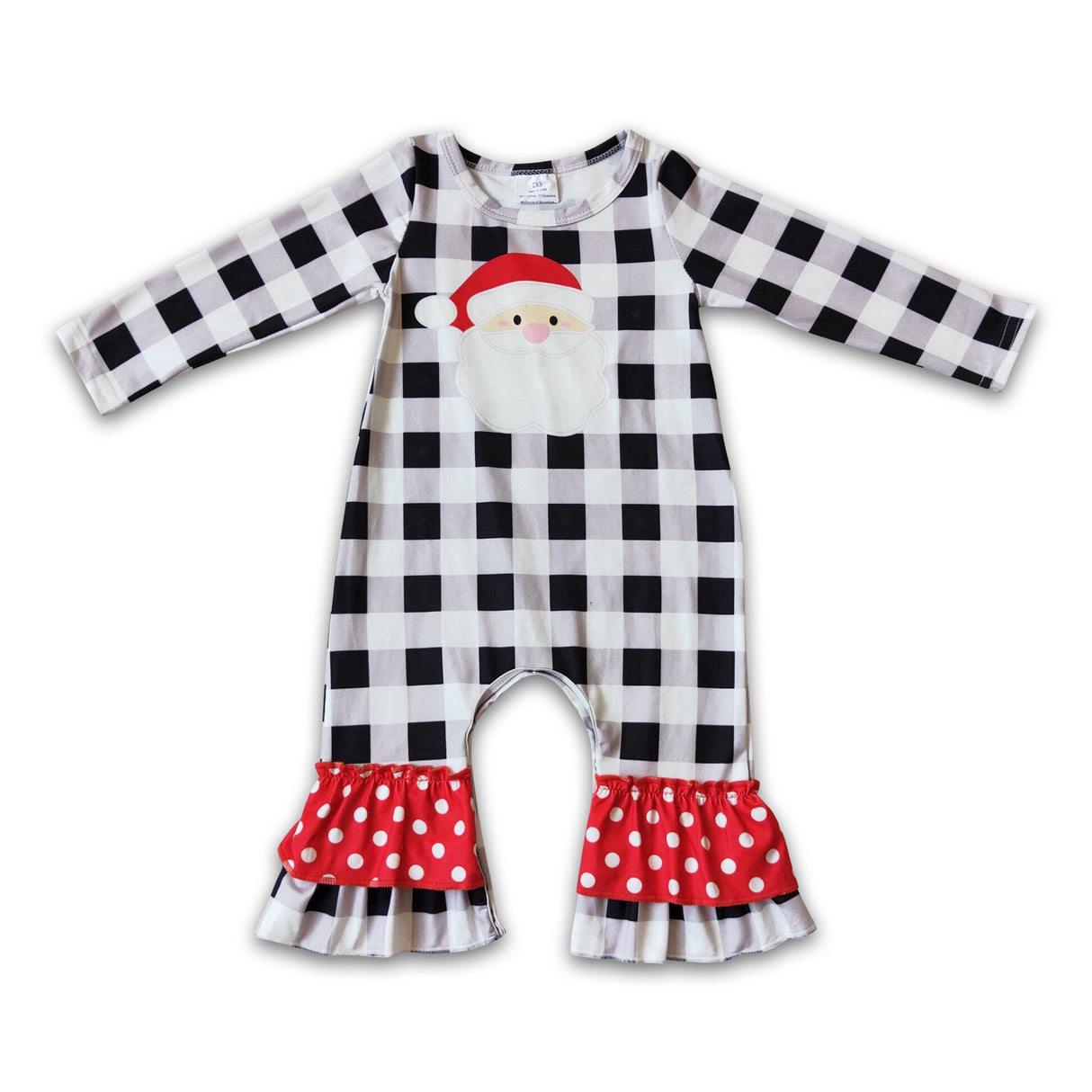 Plaid Santa screen print long sleeve girl Christmas romper