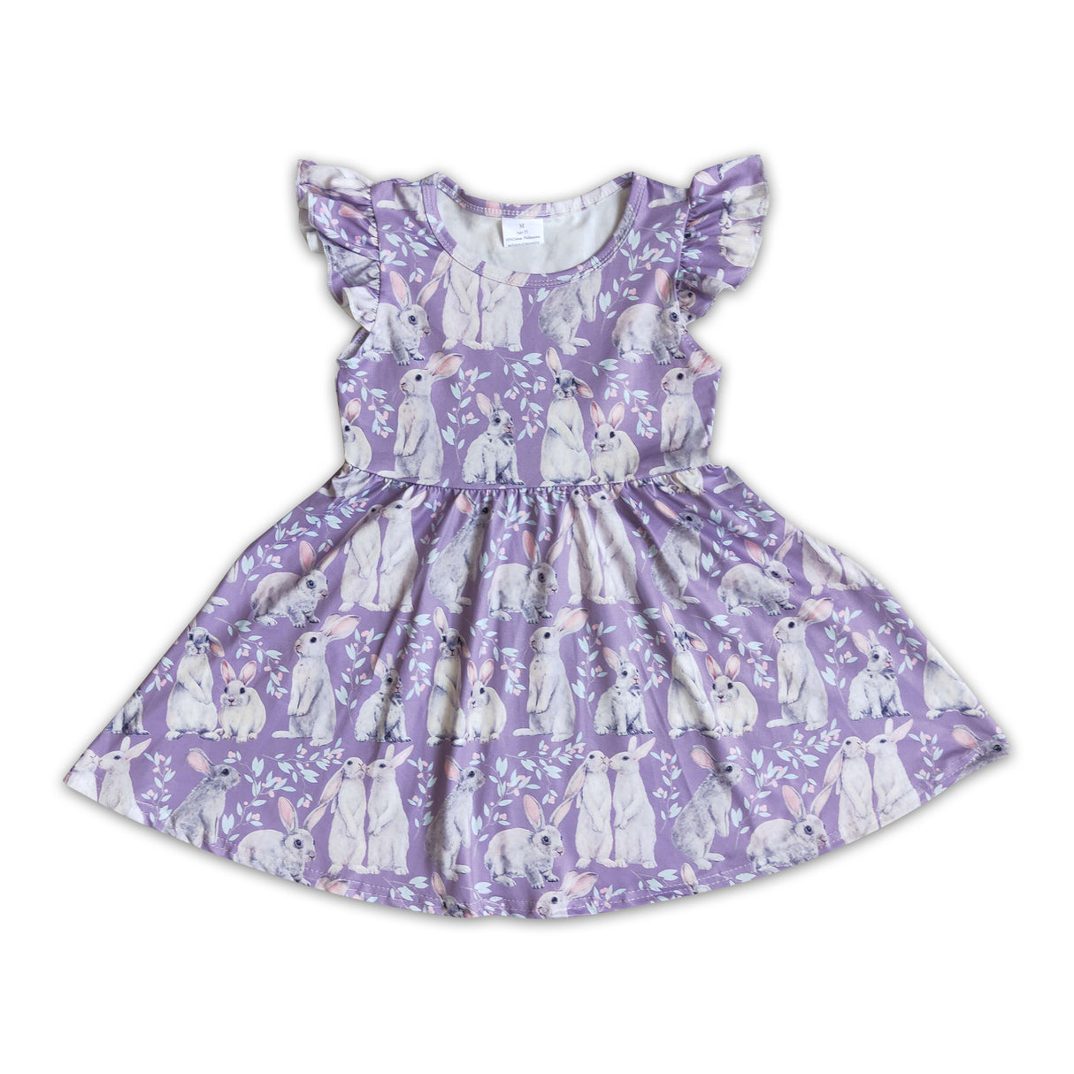 Flutter sleeve bunny print baby girls easter dresses