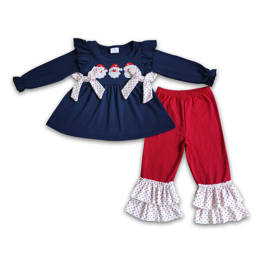 Santa embroidery navy cotton tunic pants girls Christmas outfits